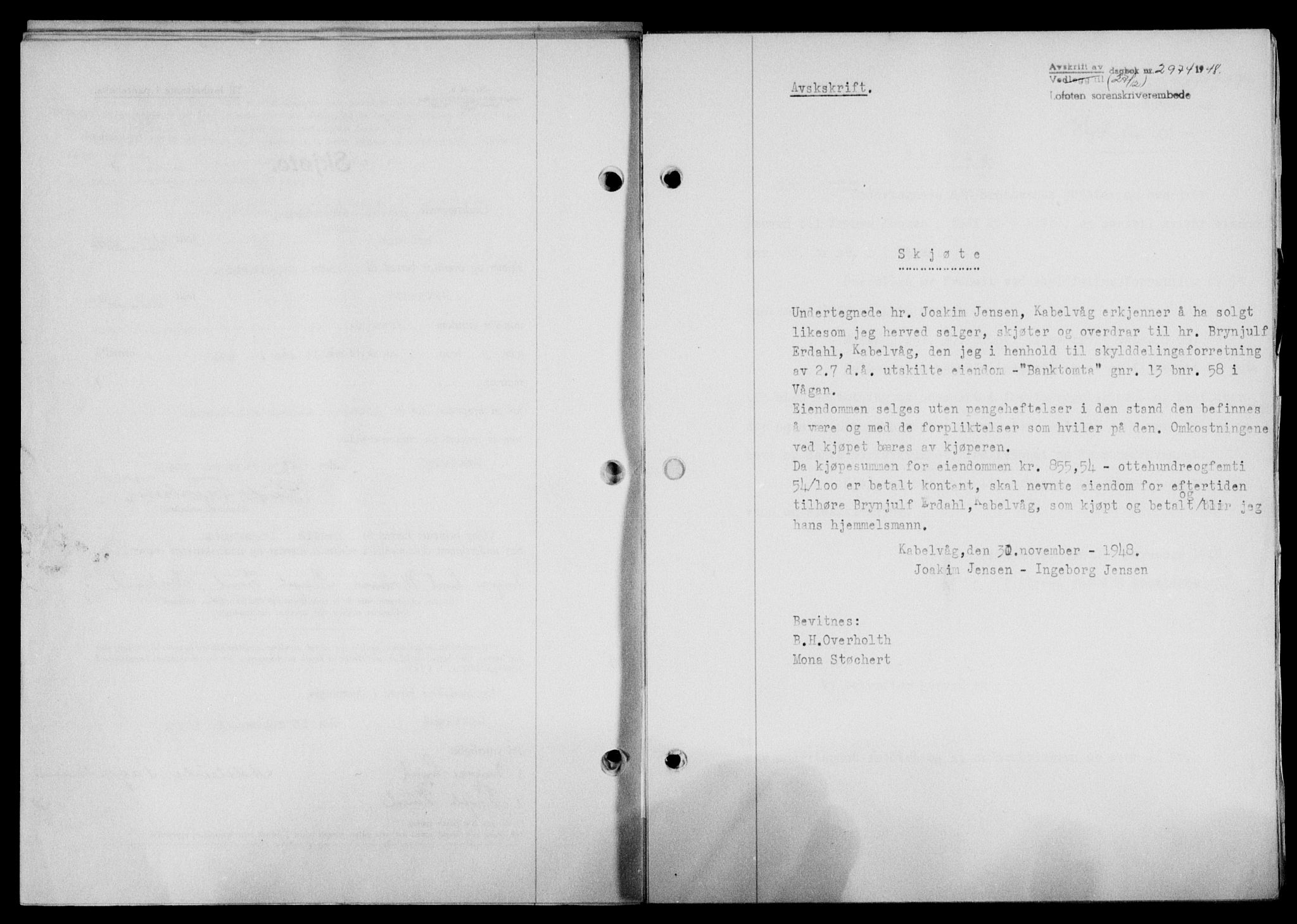 Lofoten sorenskriveri, SAT/A-0017/1/2/2C/L0020a: Mortgage book no. 20a, 1948-1949, Diary no: : 2974/1948