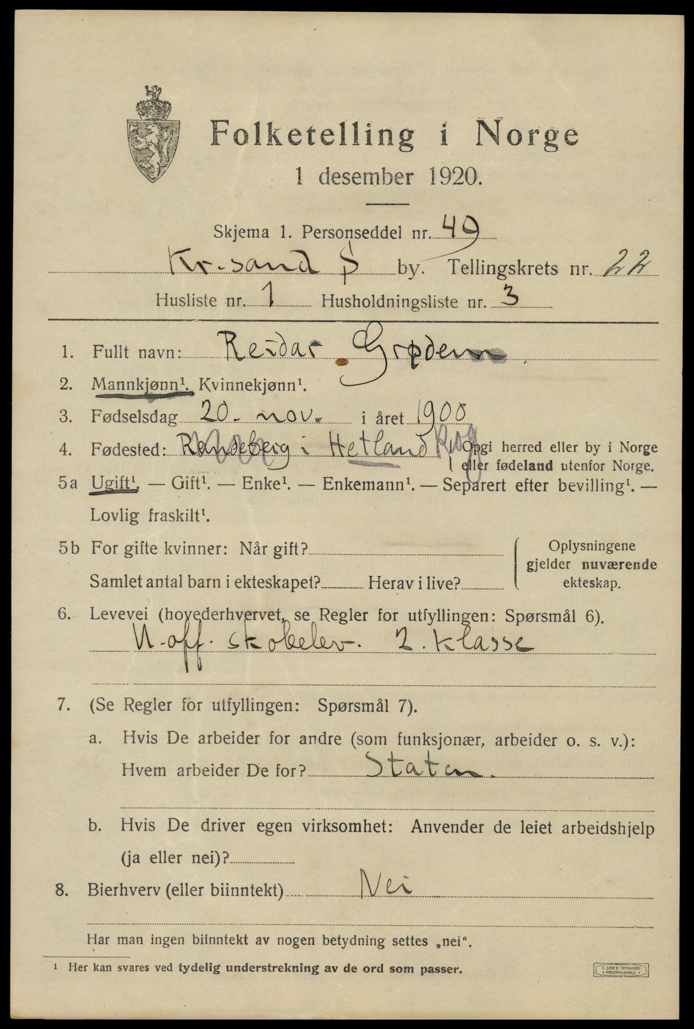 SAK, 1920 census for Kristiansand, 1920, p. 38501