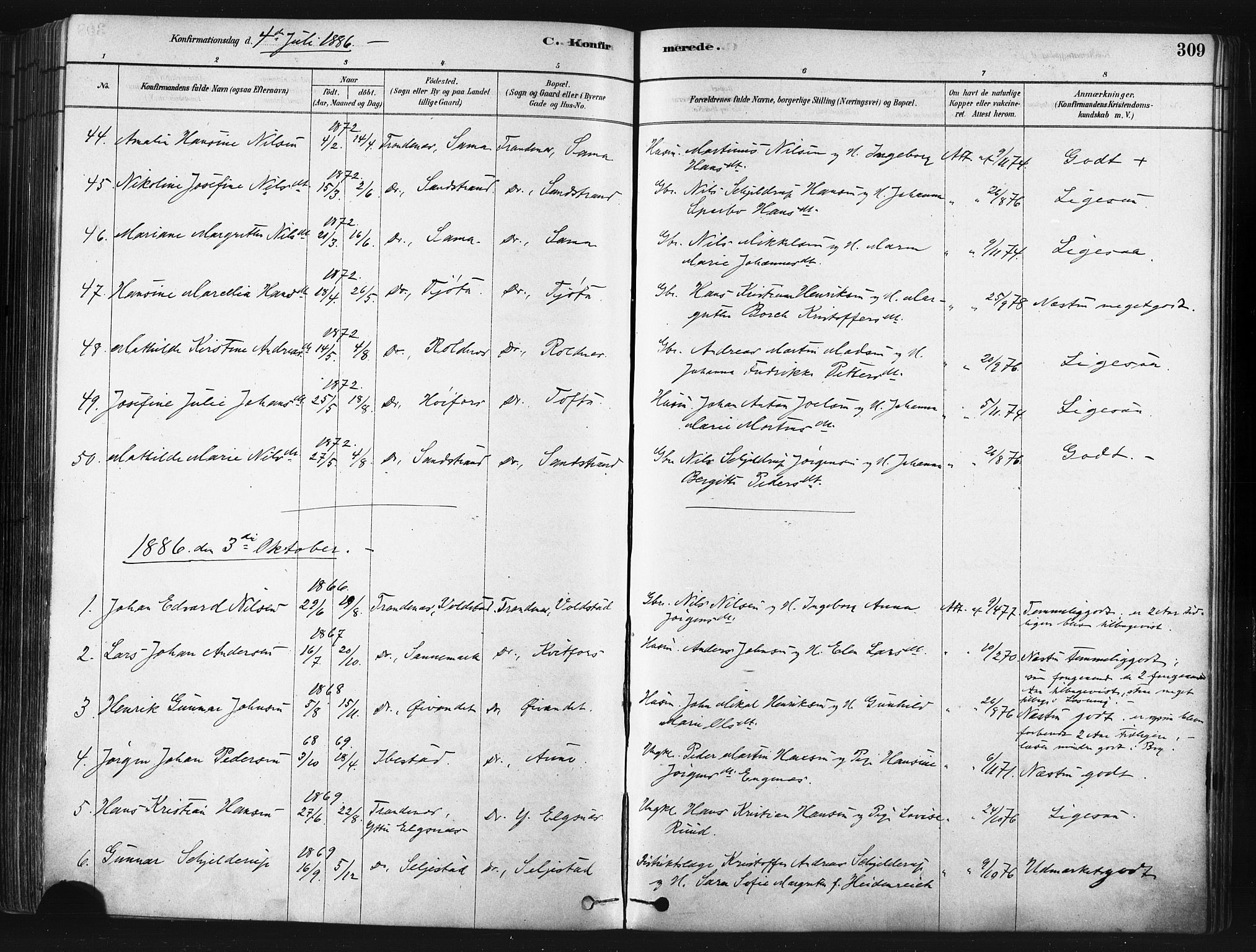 Trondenes sokneprestkontor, AV/SATØ-S-1319/H/Ha/L0014kirke: Parish register (official) no. 14, 1878-1889, p. 309