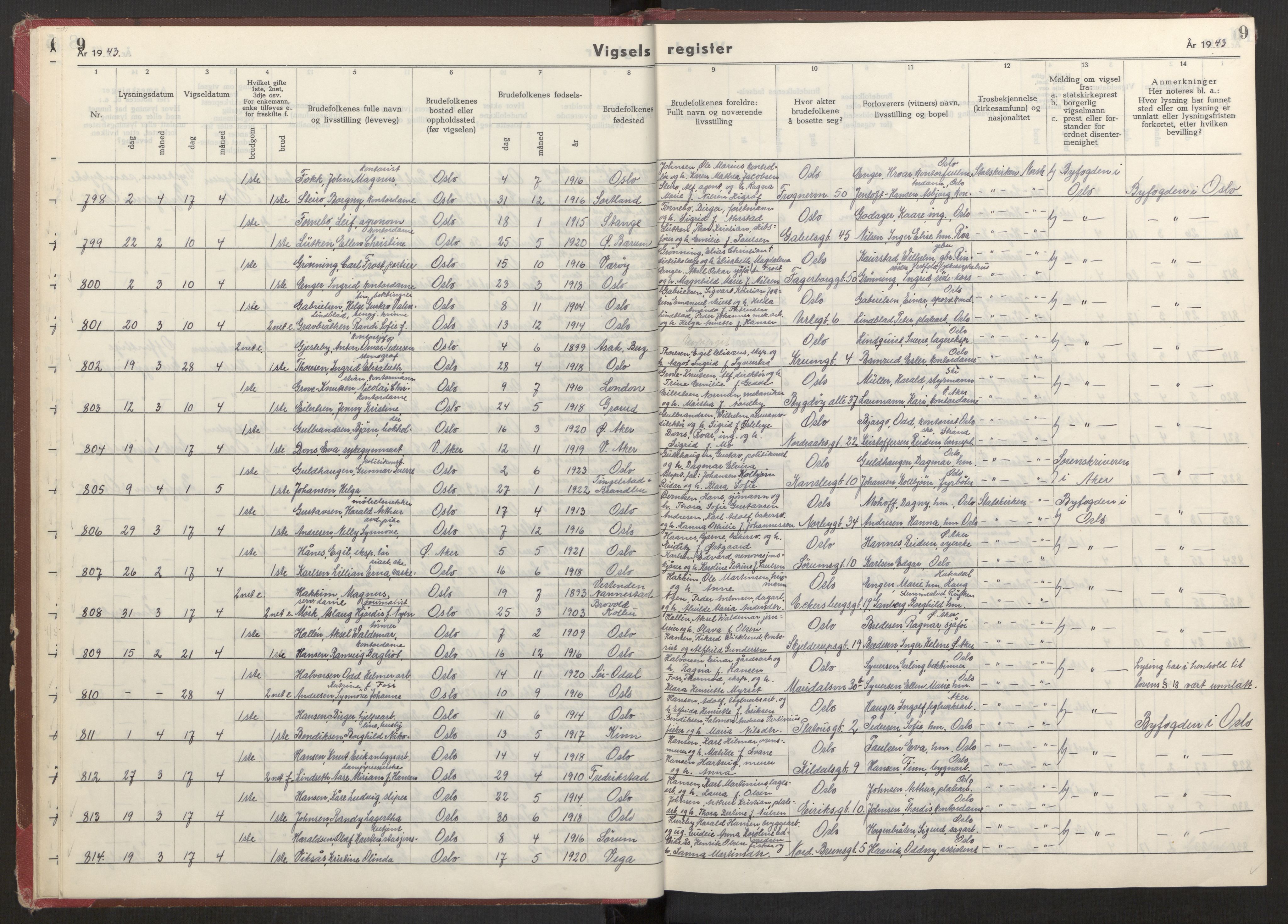 Oslo folkeregister, AV/SAO-A-10991/G/Ga/L0004: Vigselsregister for Oslo, 1943-1944, p. 9