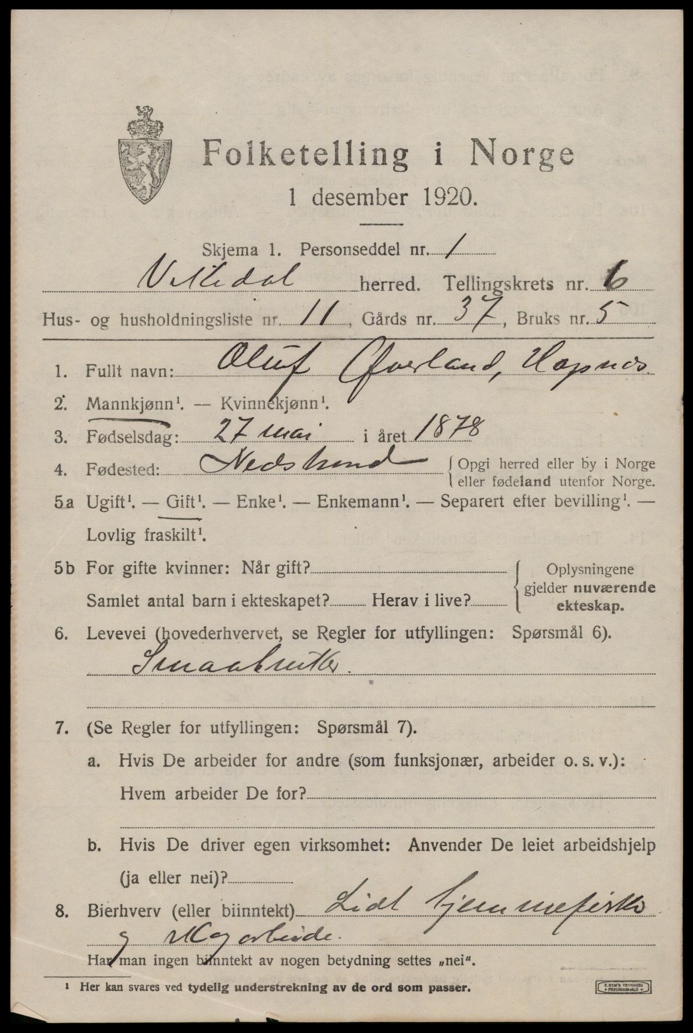 SAST, 1920 census for Vikedal, 1920, p. 2611