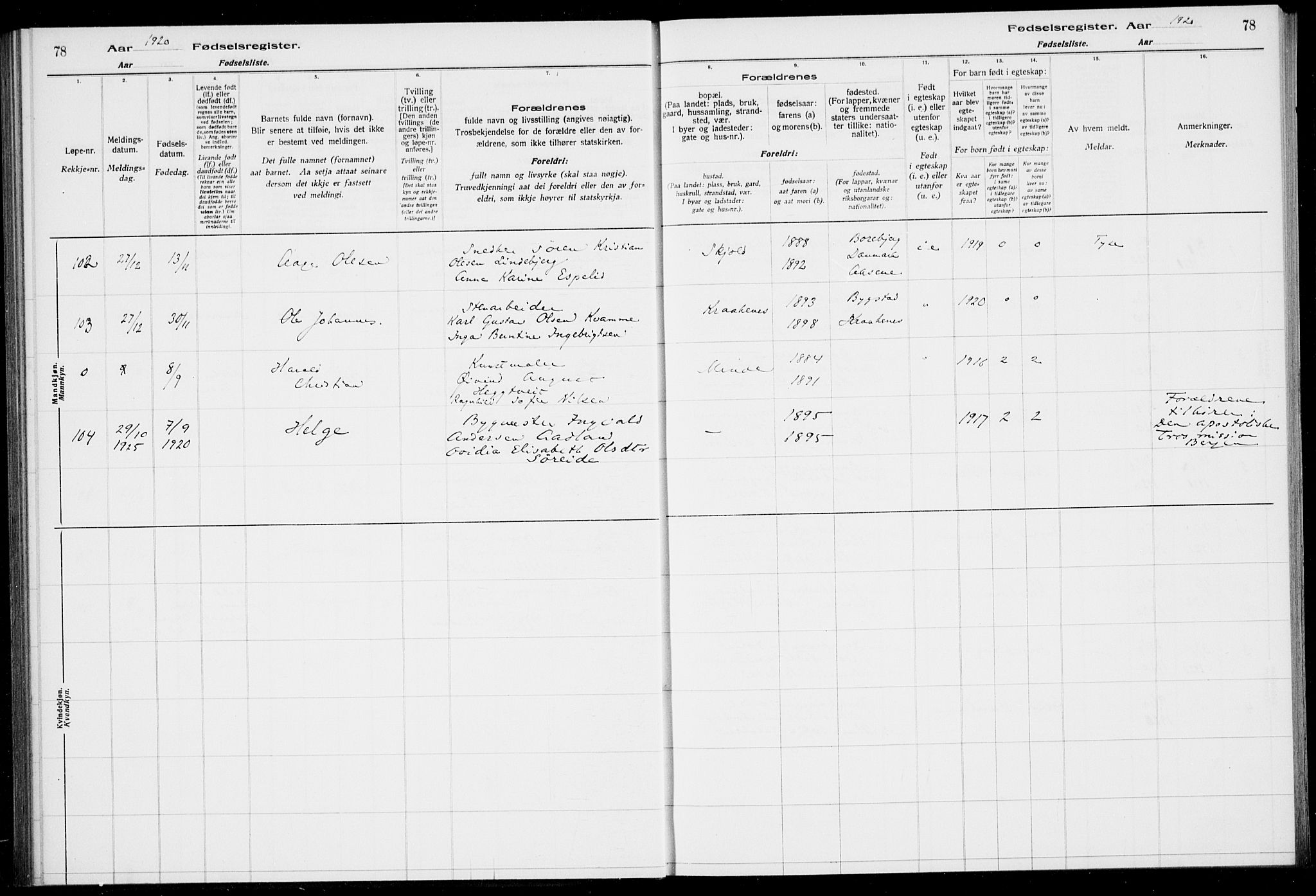 Birkeland Sokneprestembete, AV/SAB-A-74601/I/Id/L00A1: Birth register no. A 1, 1916-1926, p. 78