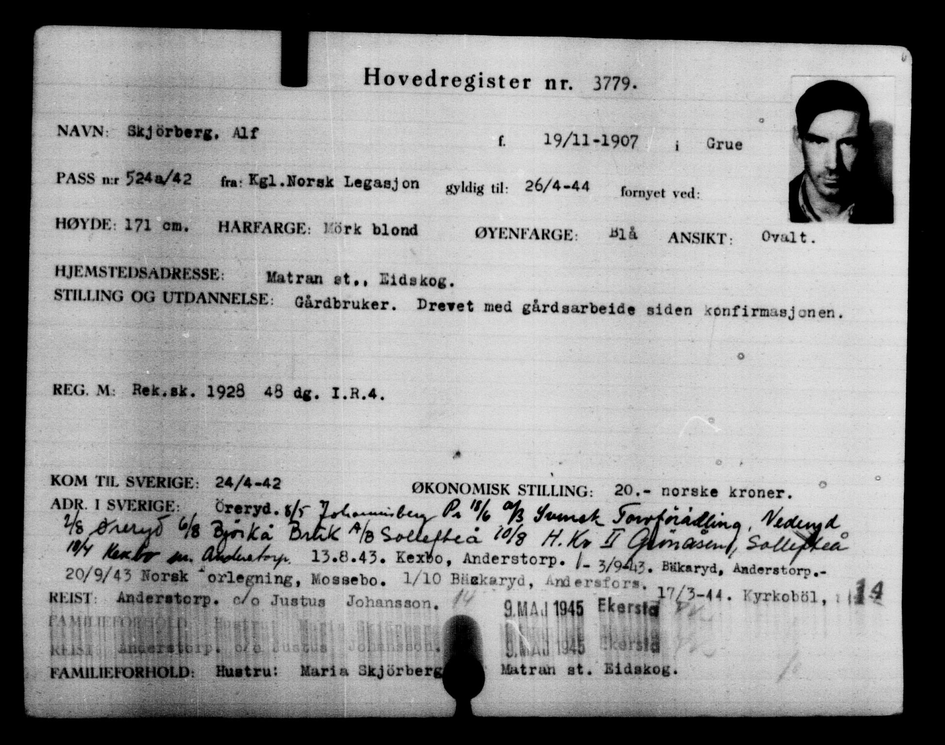 Utenriksstasjonene, Legasjonen i Stockholm, Flyktningkontoret, AV/RA-S-6753/V/Va/L0004: Kjesäterkartoteket, flyktninger med registreringsnr. 3496-6610, 1940-1945, p. 326