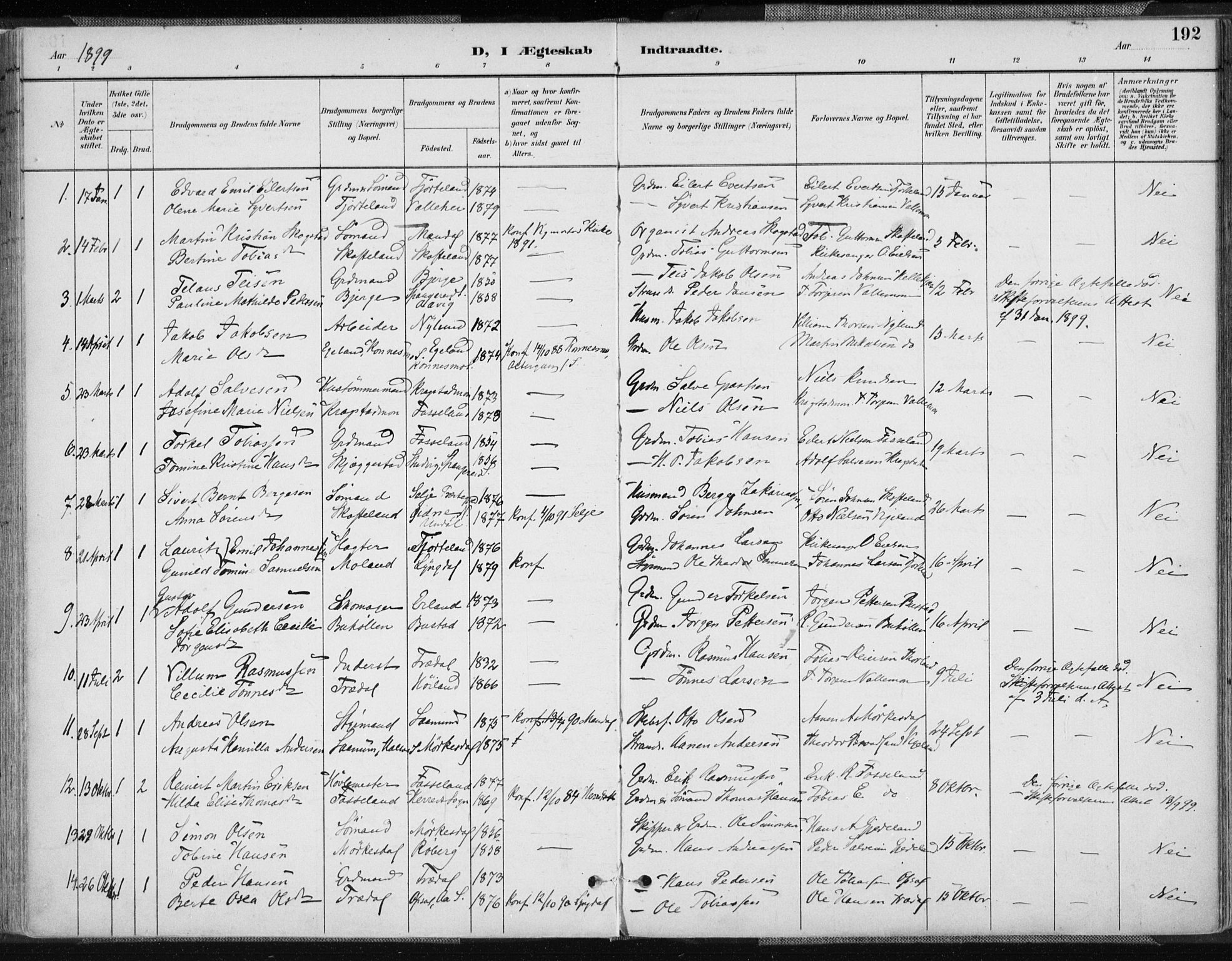 Sør-Audnedal sokneprestkontor, AV/SAK-1111-0039/F/Fa/Fab/L0010: Parish register (official) no. A 10, 1892-1913, p. 192