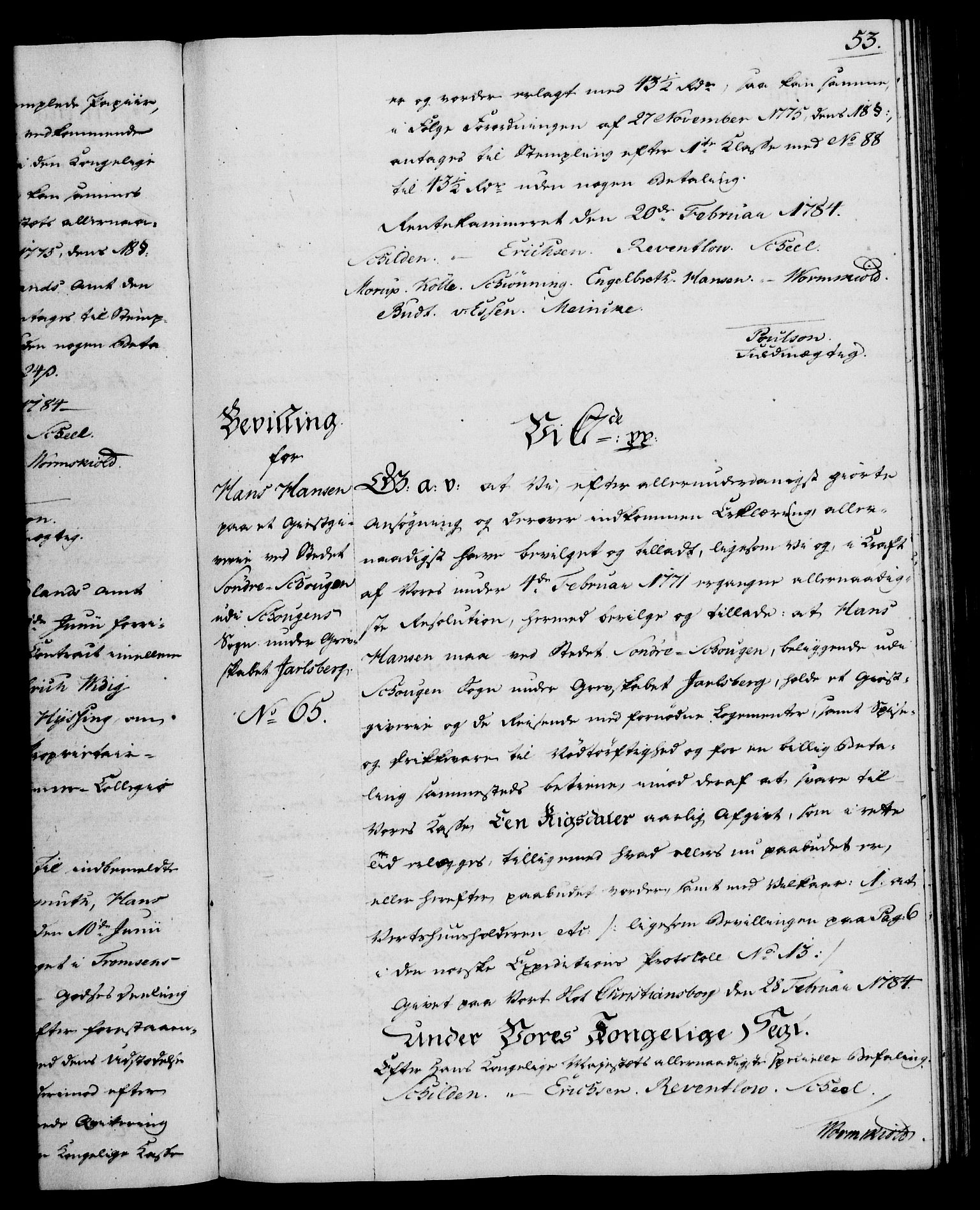 Rentekammeret, Kammerkanselliet, RA/EA-3111/G/Gg/Gga/L0013: Norsk ekspedisjonsprotokoll med register (merket RK 53.13), 1784-1787, p. 53