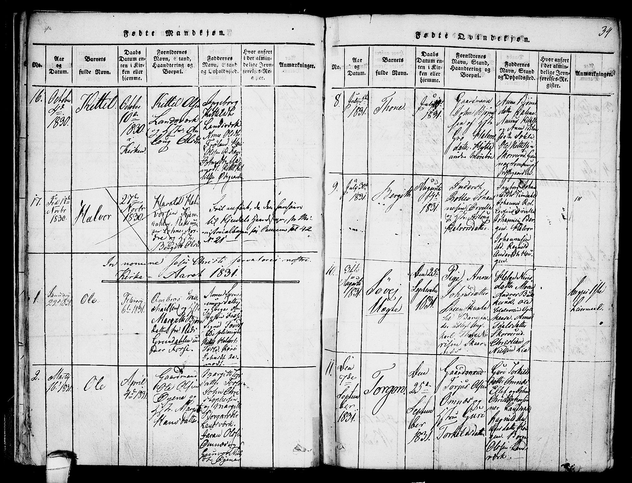 Hjartdal kirkebøker, AV/SAKO-A-270/F/Fb/L0001: Parish register (official) no. II 1, 1815-1843, p. 34