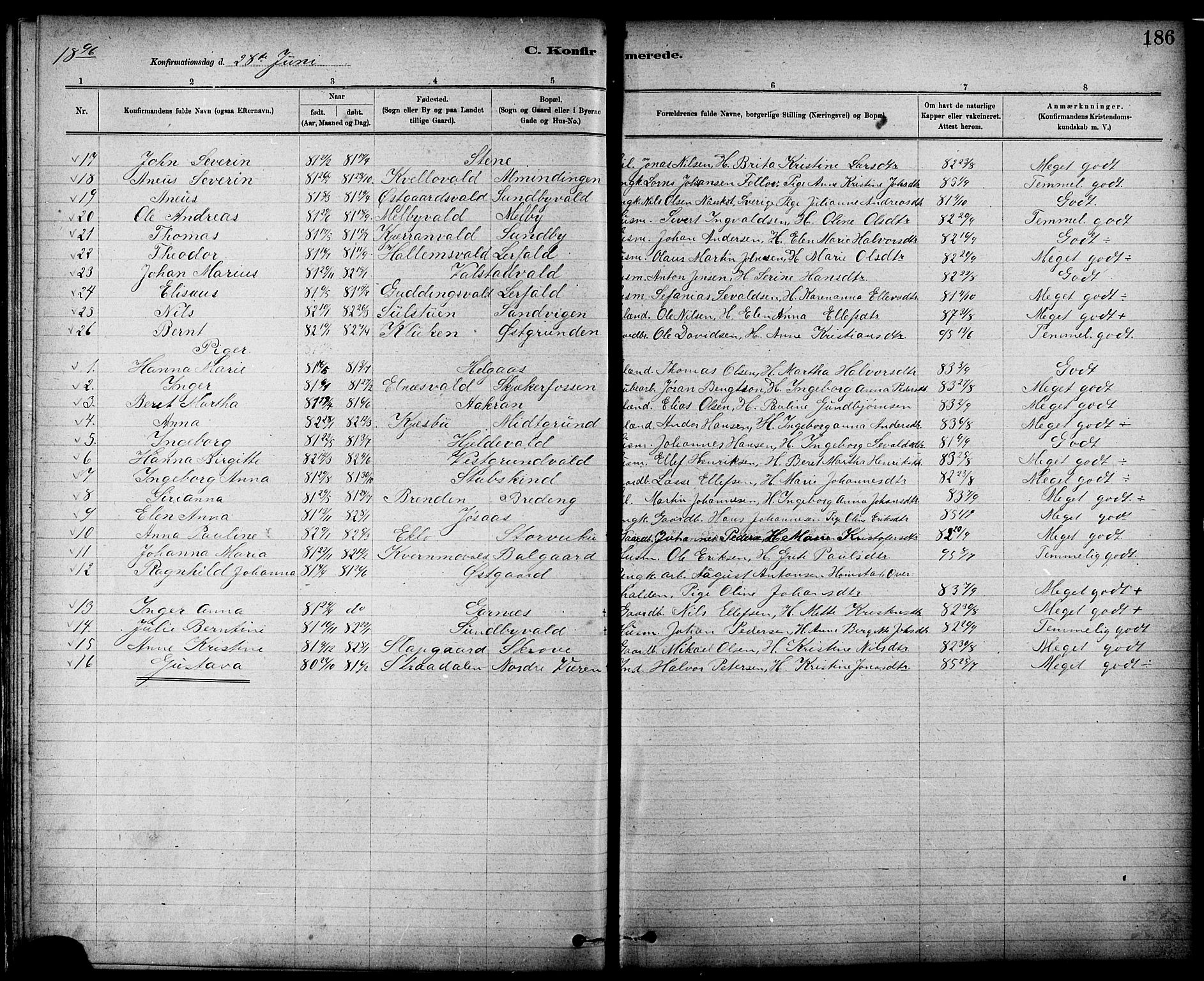 Ministerialprotokoller, klokkerbøker og fødselsregistre - Nord-Trøndelag, SAT/A-1458/724/L0267: Parish register (copy) no. 724C03, 1879-1898, p. 186