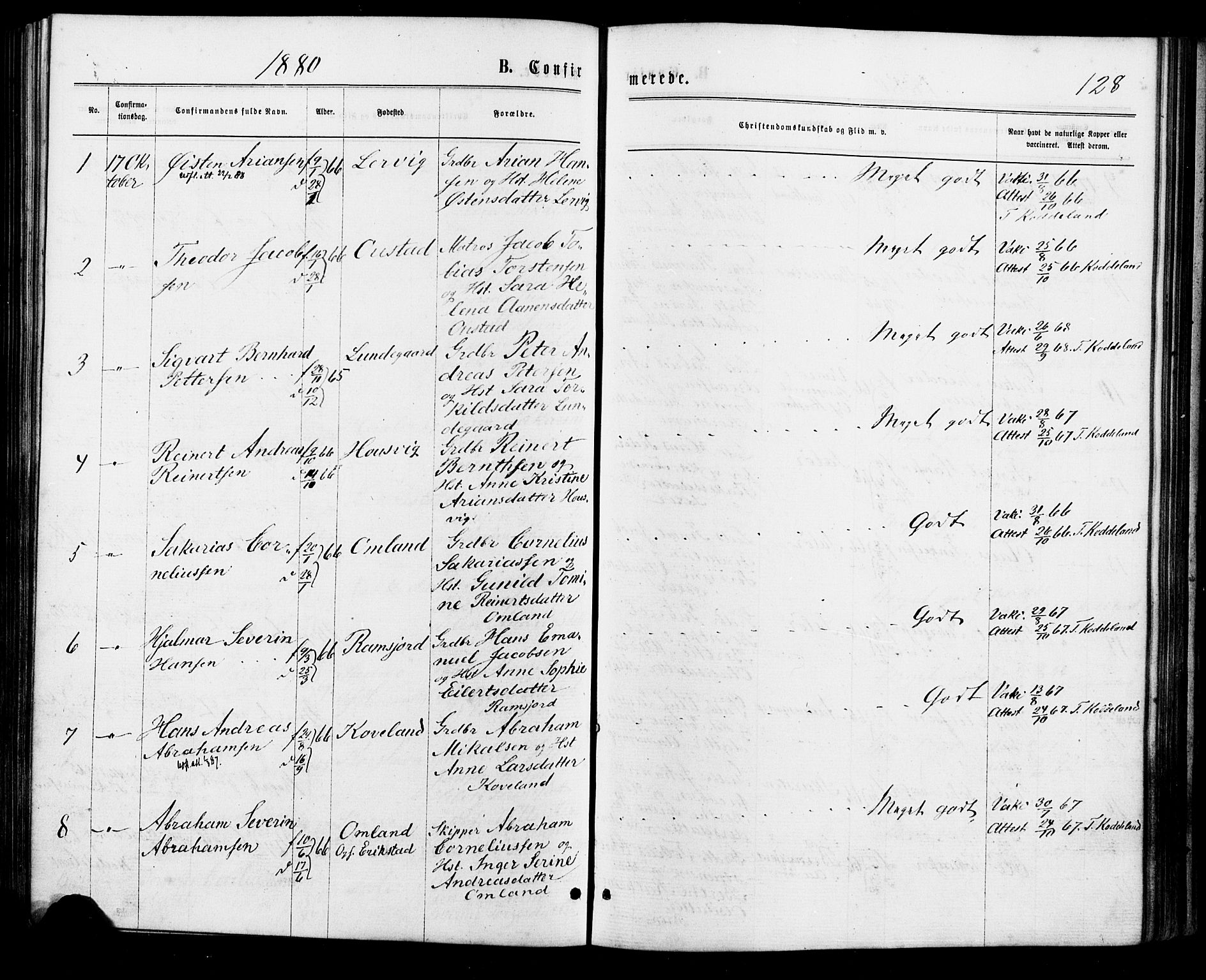 Lyngdal sokneprestkontor, AV/SAK-1111-0029/F/Fa/Faa/L0003: Parish register (official) no. A 3, 1871-1882, p. 128