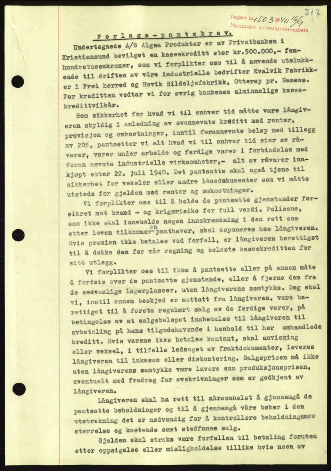 Nordmøre sorenskriveri, AV/SAT-A-4132/1/2/2Ca: Mortgage book no. B87, 1940-1941, Diary no: : 1503/1940