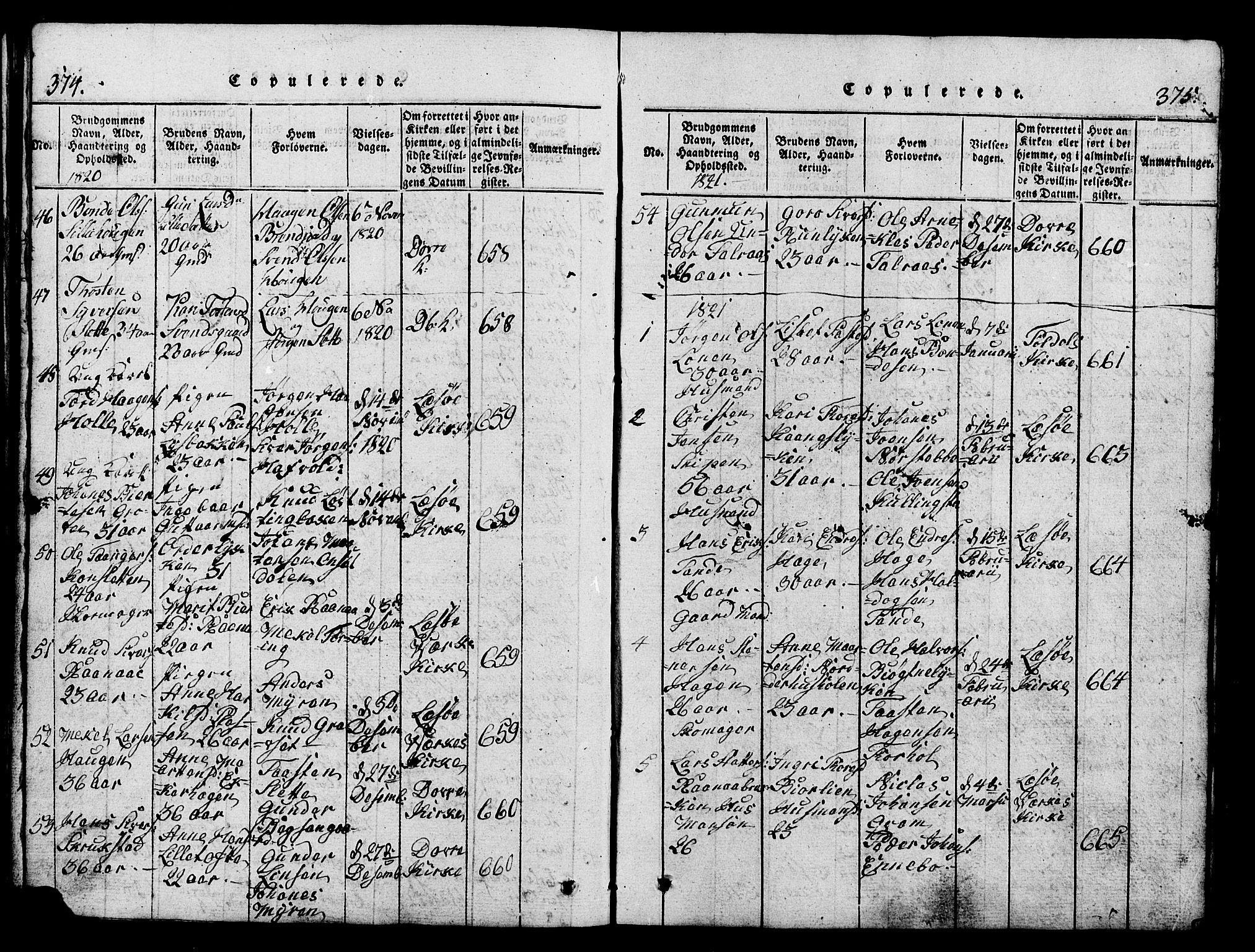Lesja prestekontor, SAH/PREST-068/H/Ha/Hab/L0001: Parish register (copy) no. 1, 1820-1831, p. 374-375