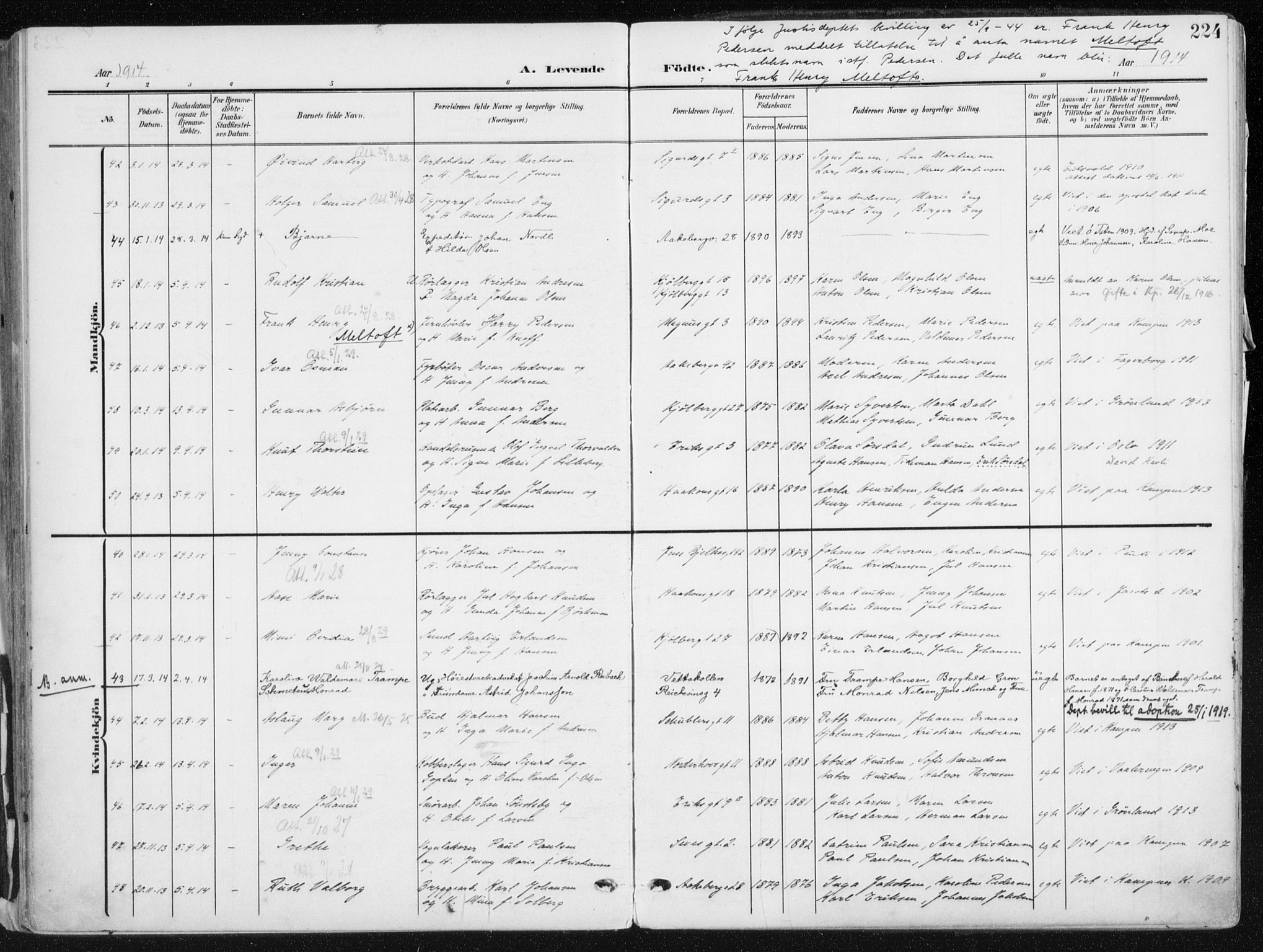 Kampen prestekontor Kirkebøker, SAO/A-10853/F/Fa/L0010: Parish register (official) no. I 10, 1905-1917, p. 224
