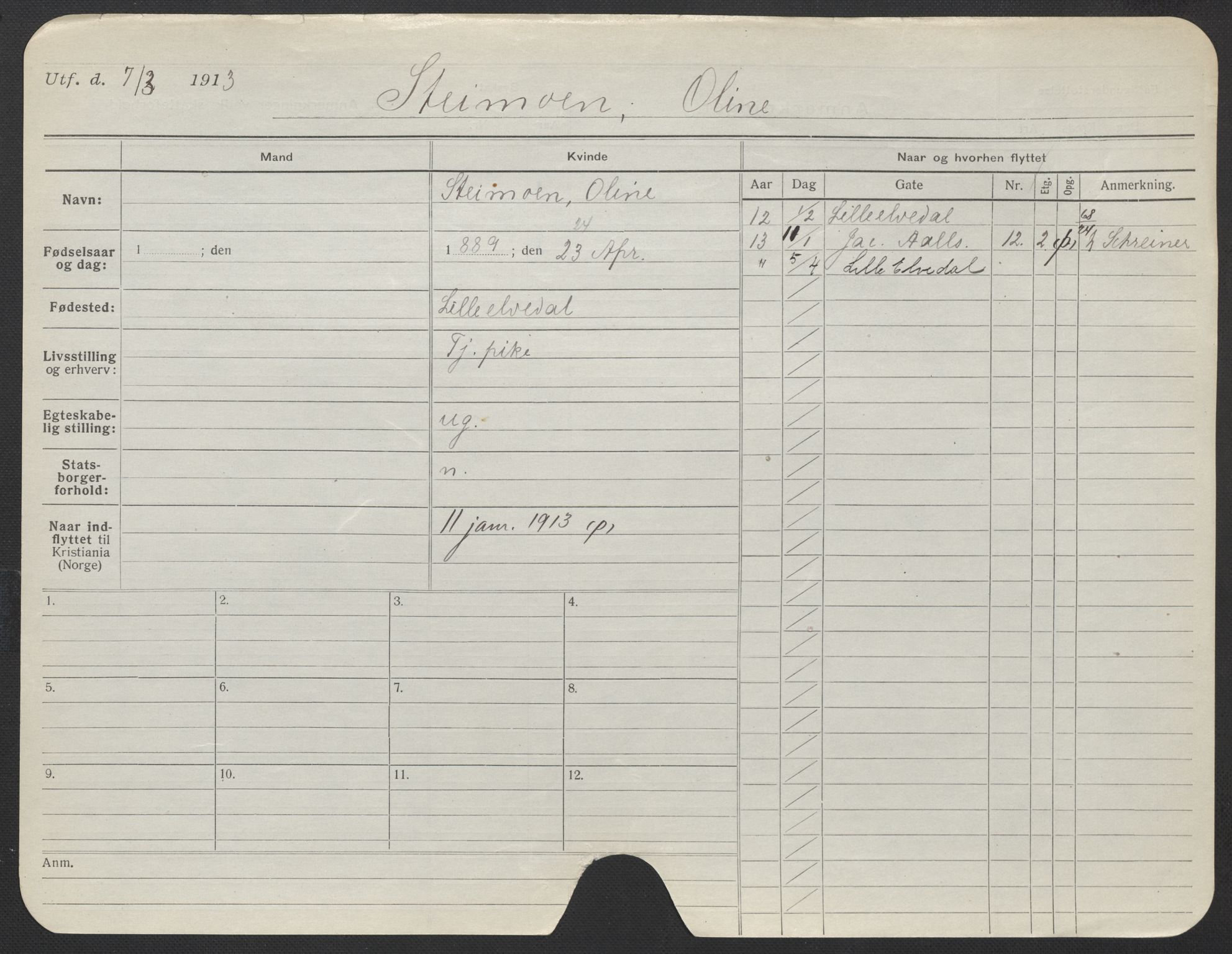 Oslo folkeregister, Registerkort, AV/SAO-A-11715/F/Fa/Fac/L0024: Kvinner, 1906-1914, p. 226a