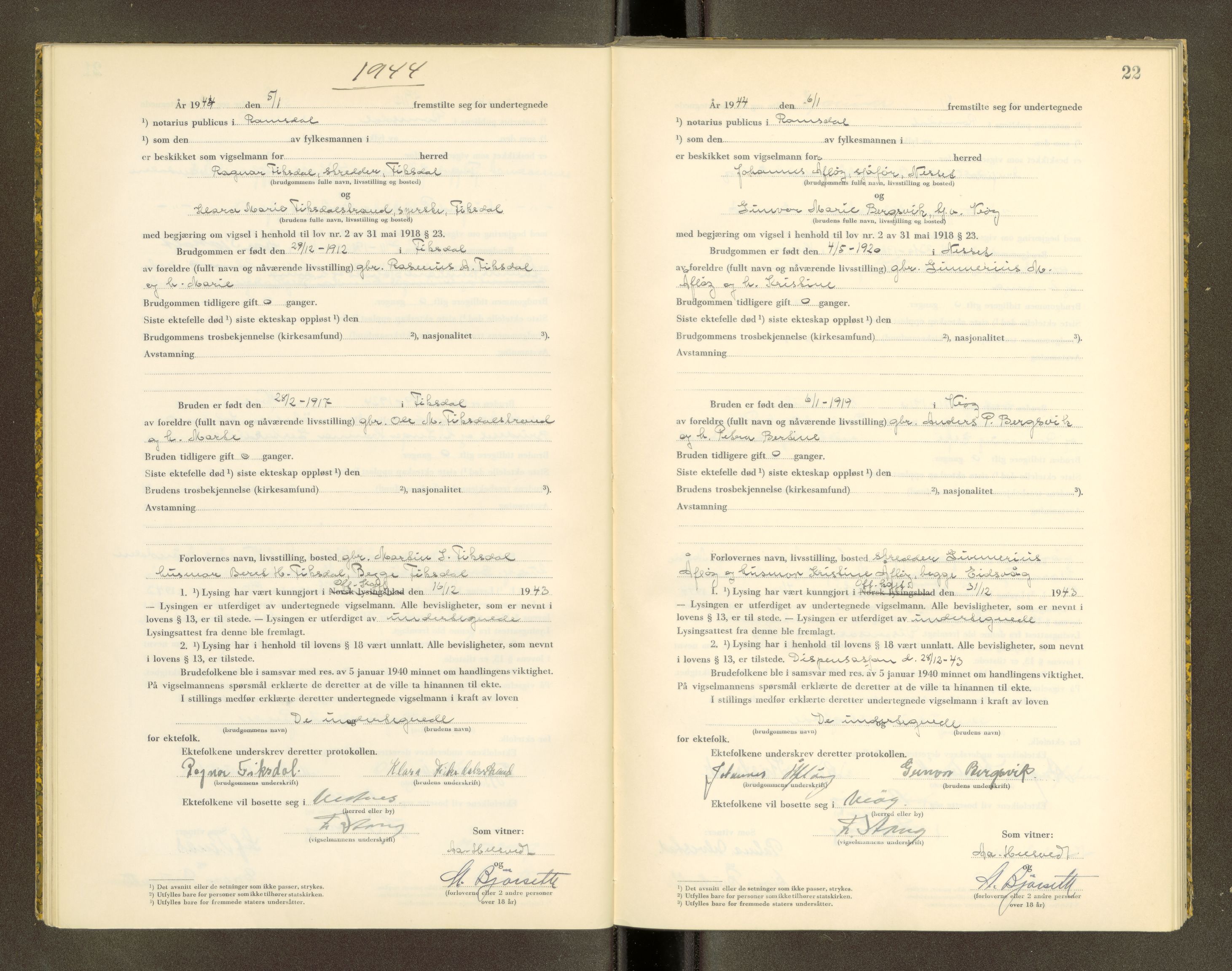 Romsdal sorenskriveri, AV/SAT-A-4149/1/6/6D/L0007: Vigselbok, 1943-1944, p. 22