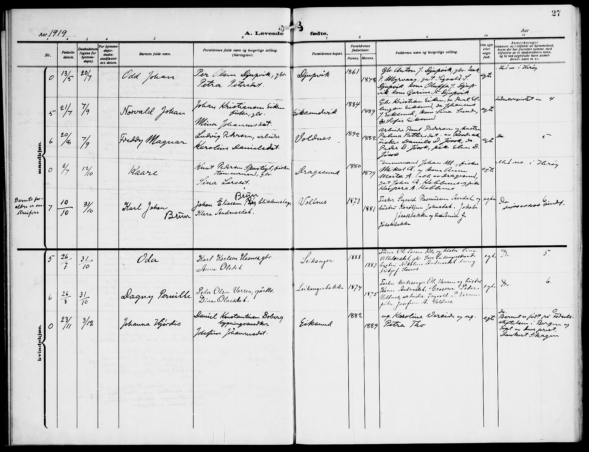 Ministerialprotokoller, klokkerbøker og fødselsregistre - Møre og Romsdal, AV/SAT-A-1454/508/L0096: Parish register (official) no. 508A03, 1911-1920, p. 27