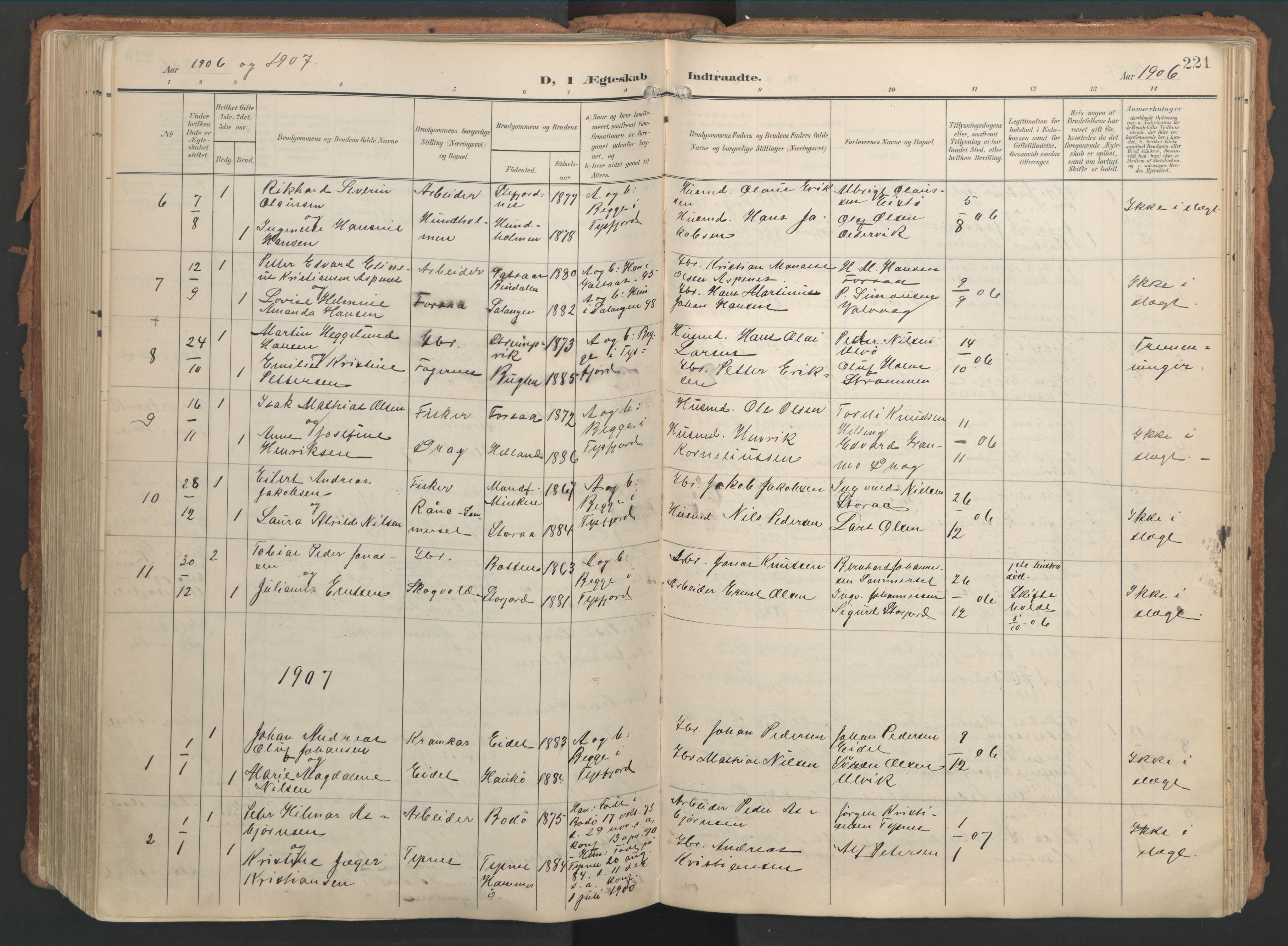 Ministerialprotokoller, klokkerbøker og fødselsregistre - Nordland, AV/SAT-A-1459/861/L0871: Parish register (official) no. 861A06, 1903-1916, p. 221