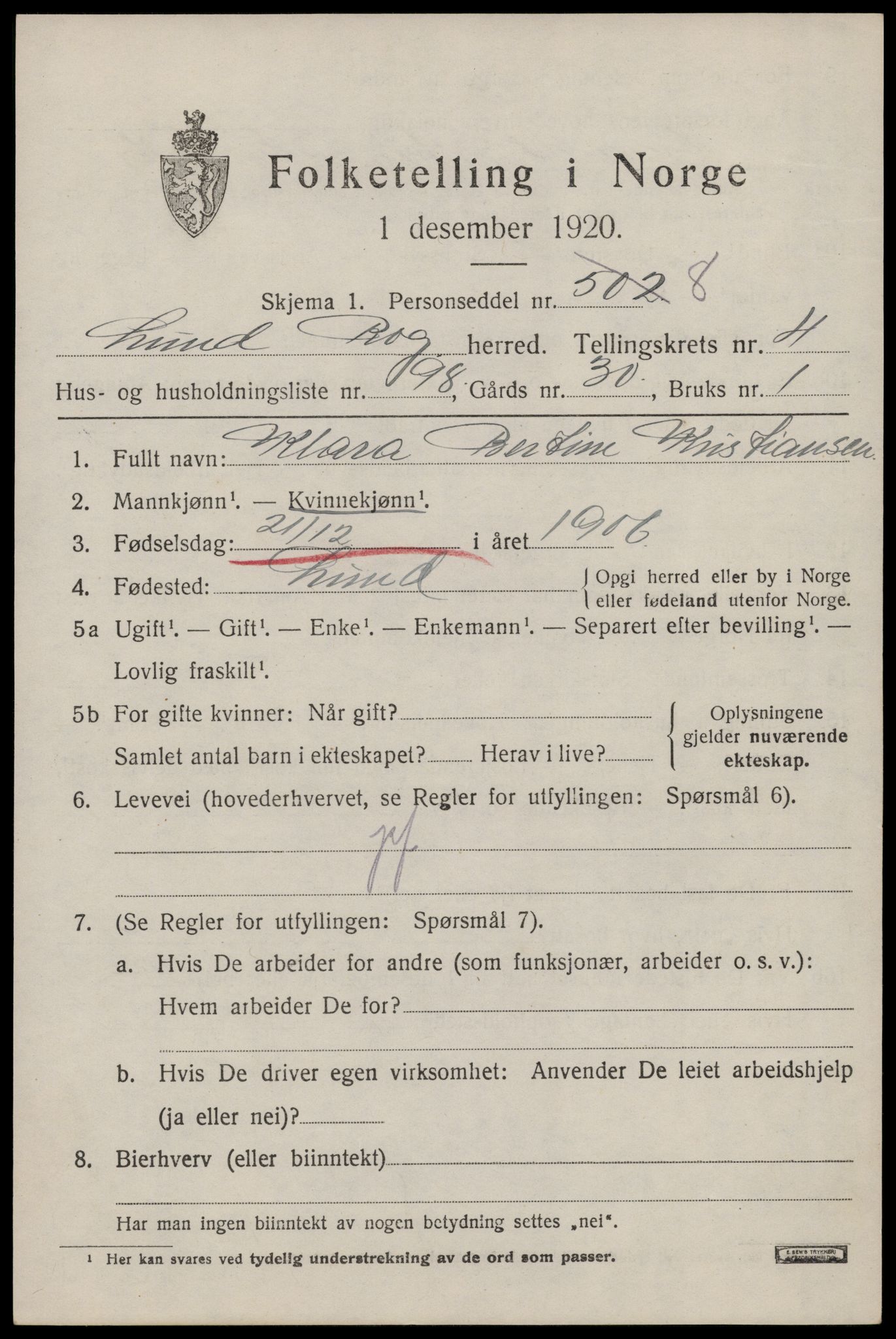 SAST, 1920 census for Lund, 1920, p. 3130