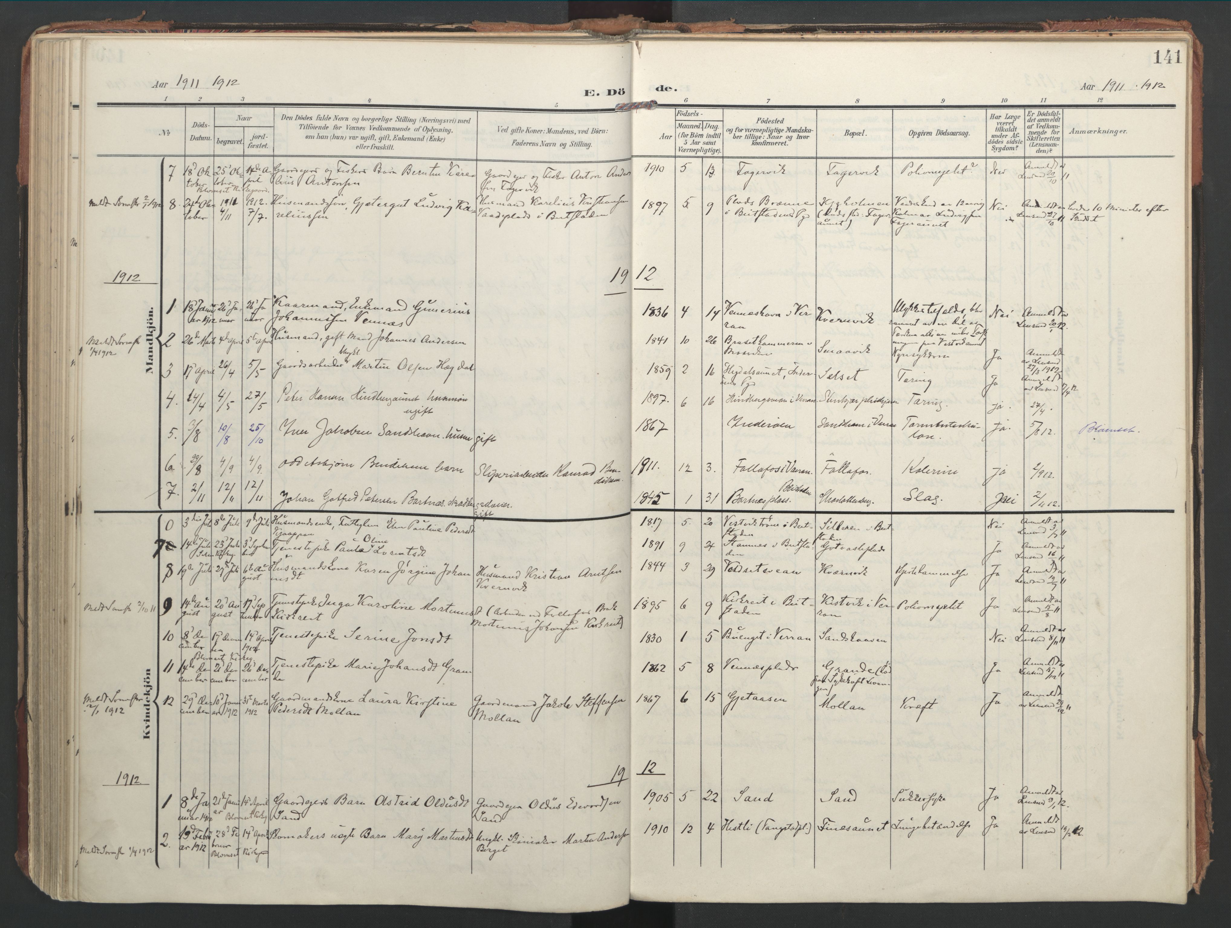 Ministerialprotokoller, klokkerbøker og fødselsregistre - Nord-Trøndelag, SAT/A-1458/744/L0421: Parish register (official) no. 744A05, 1905-1930, p. 141