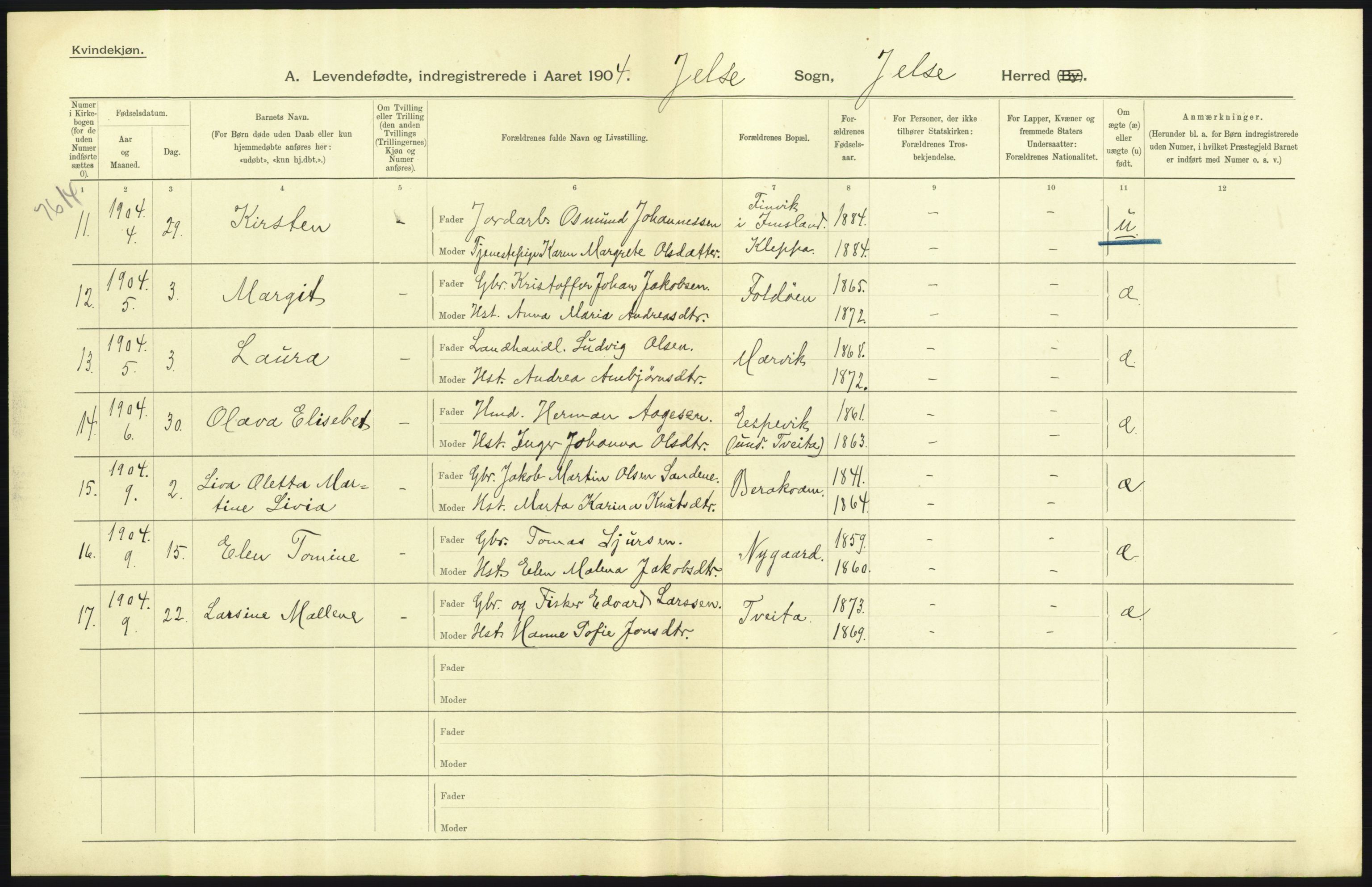 Statistisk sentralbyrå, Sosiodemografiske emner, Befolkning, AV/RA-S-2228/D/Df/Dfa/Dfab/L0012: Stavanger amt: Fødte, gifte, døde, 1904, p. 349