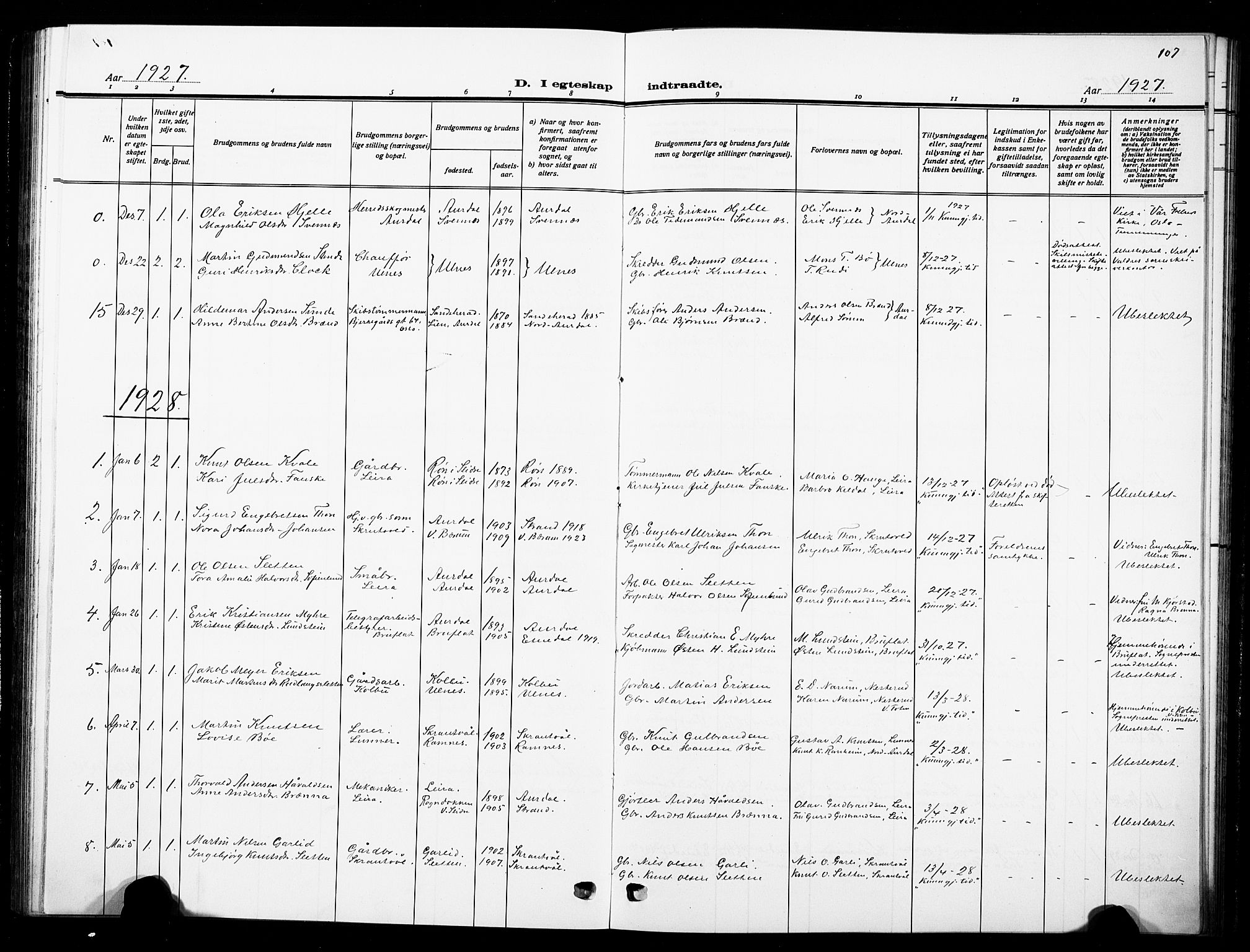 Nord-Aurdal prestekontor, SAH/PREST-132/H/Ha/Hab/L0016: Parish register (copy) no. 16, 1920-1932, p. 107
