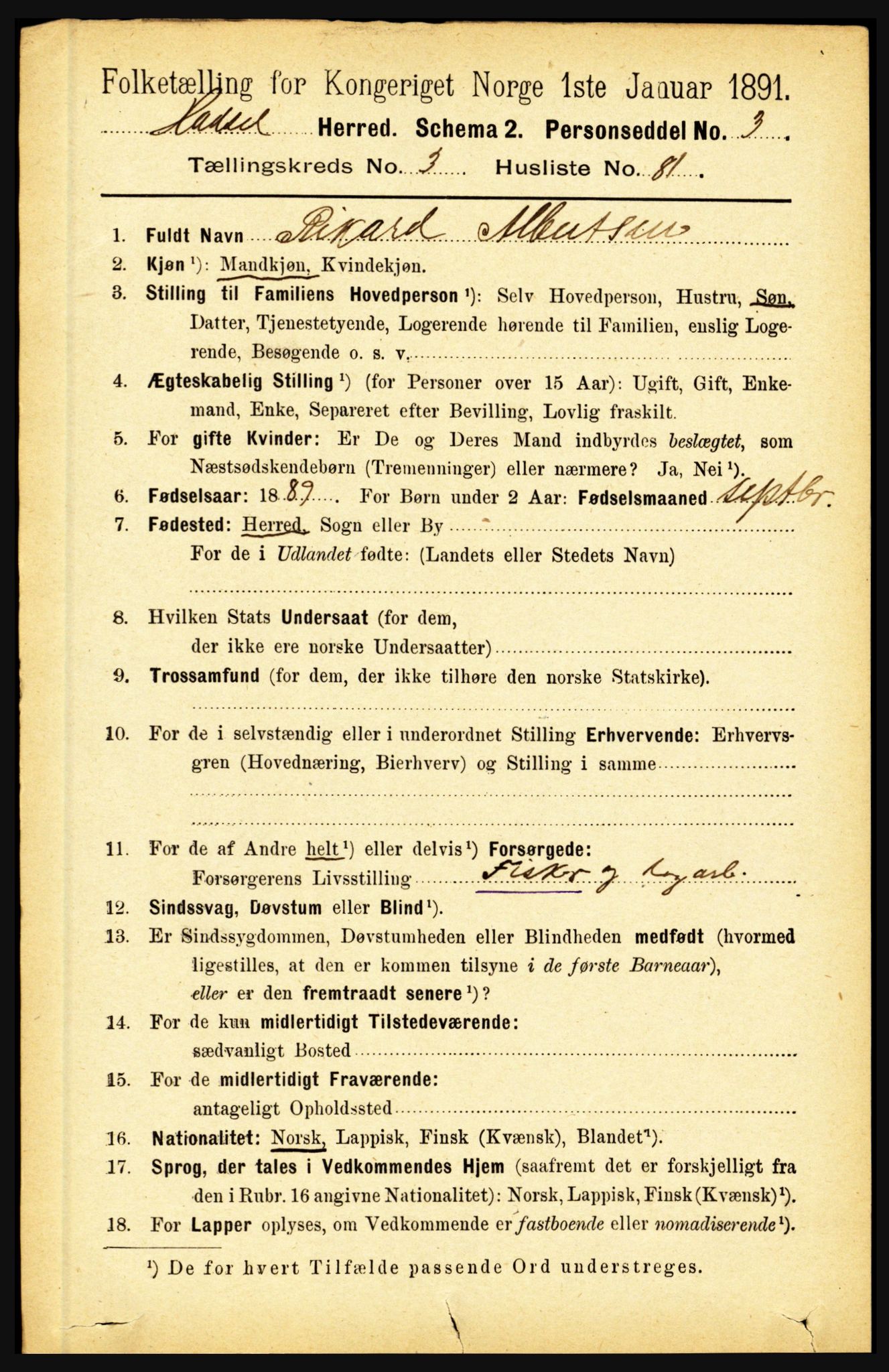 RA, 1891 census for 1866 Hadsel, 1891, p. 1646