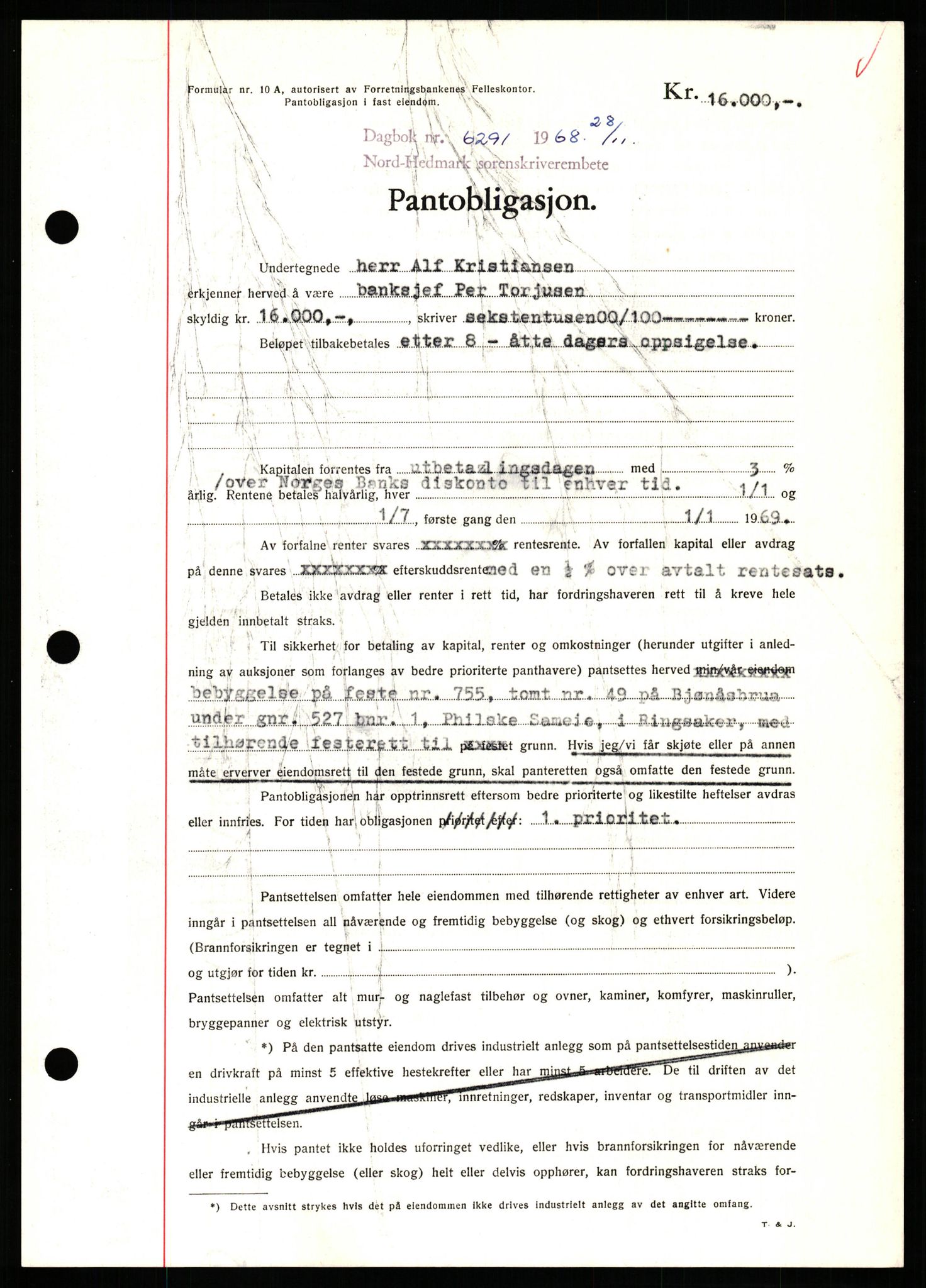 Nord-Hedmark sorenskriveri, SAH/TING-012/H/Hb/Hbf/L0077: Mortgage book no. B77, 1968-1969, Diary no: : 6291/1968