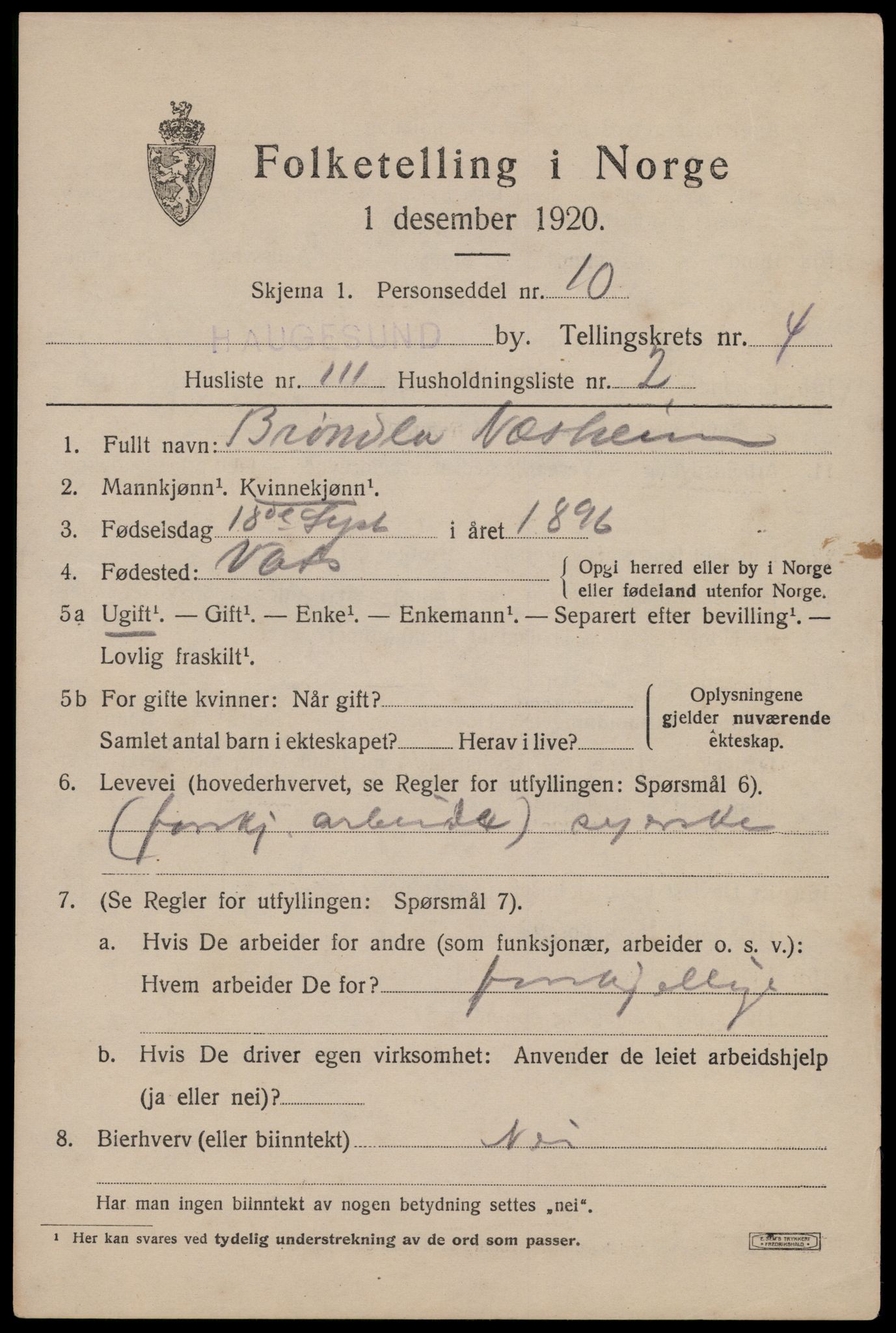 SAST, 1920 census for Haugesund, 1920, p. 17443