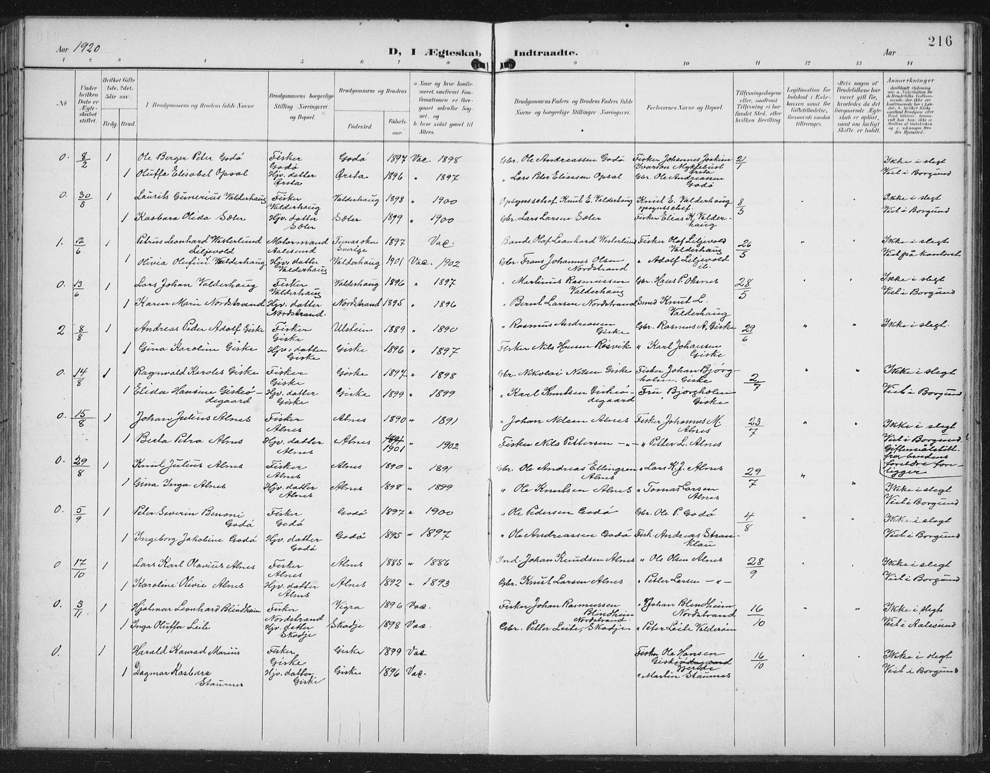 Ministerialprotokoller, klokkerbøker og fødselsregistre - Møre og Romsdal, AV/SAT-A-1454/534/L0489: Parish register (copy) no. 534C01, 1899-1941, p. 216