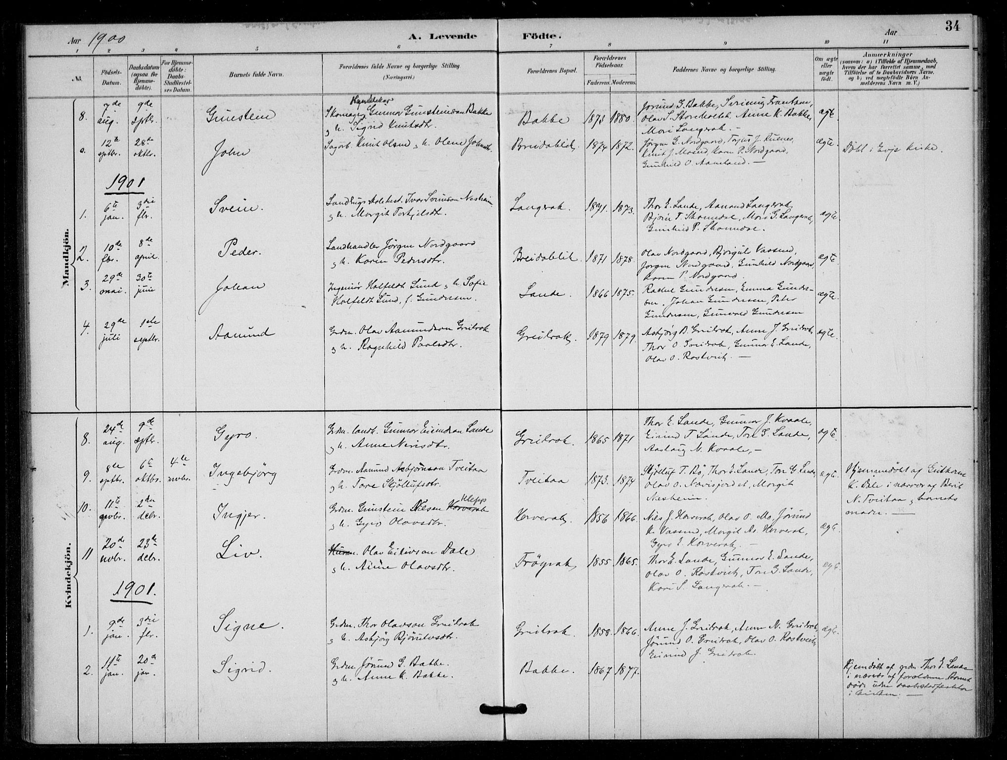 Bygland sokneprestkontor, AV/SAK-1111-0006/F/Fa/Fad/L0001: Parish register (official) no. A 1, 1885-1906, p. 34