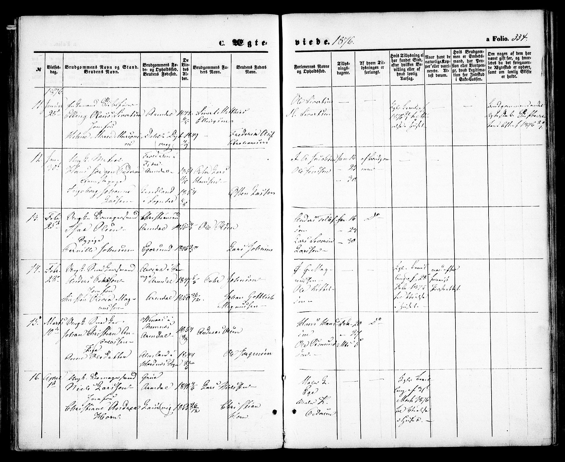 Arendal sokneprestkontor, Trefoldighet, AV/SAK-1111-0040/F/Fa/L0007: Parish register (official) no. A 7, 1868-1878, p. 334