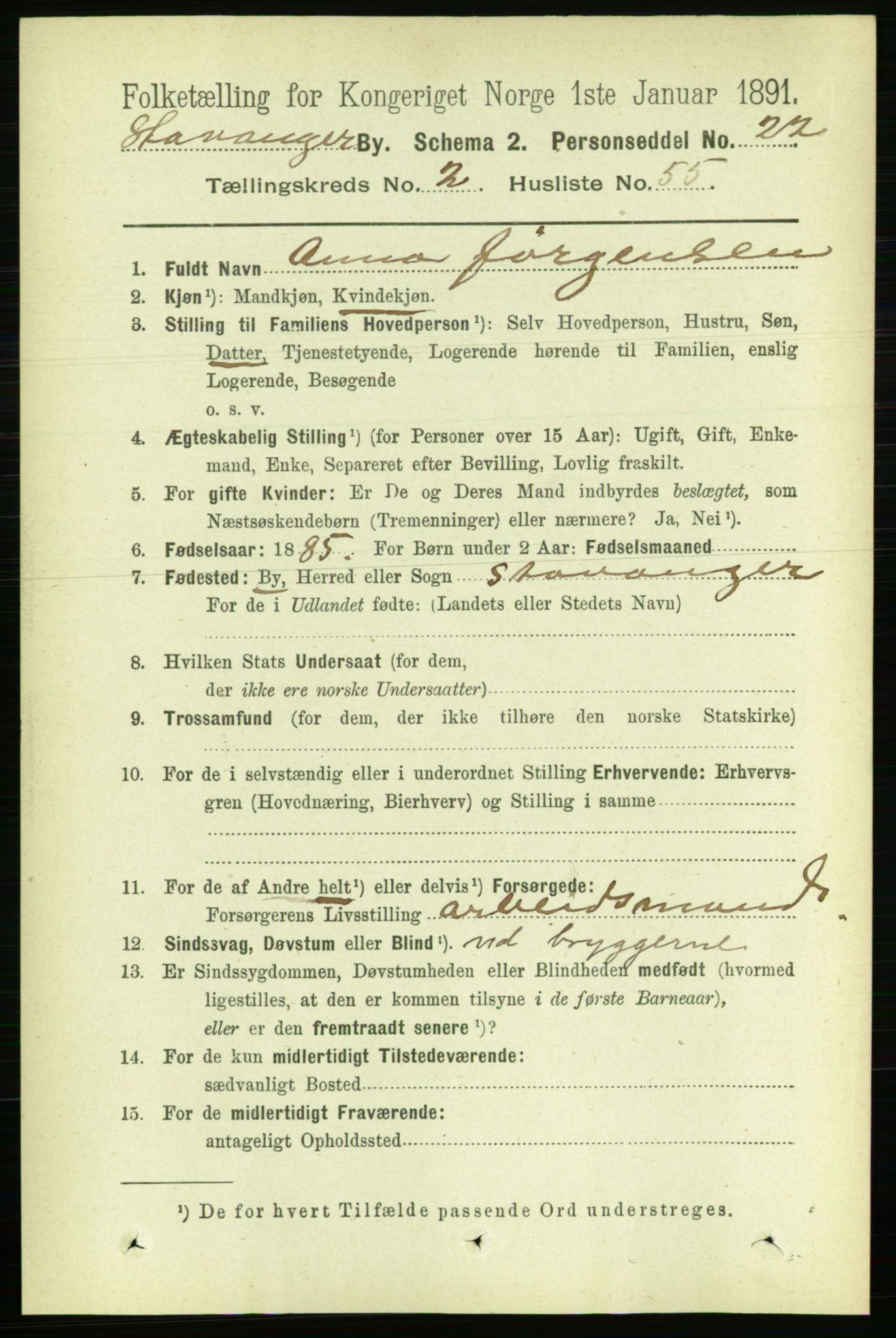 RA, 1891 census for 1103 Stavanger, 1891, p. 6397