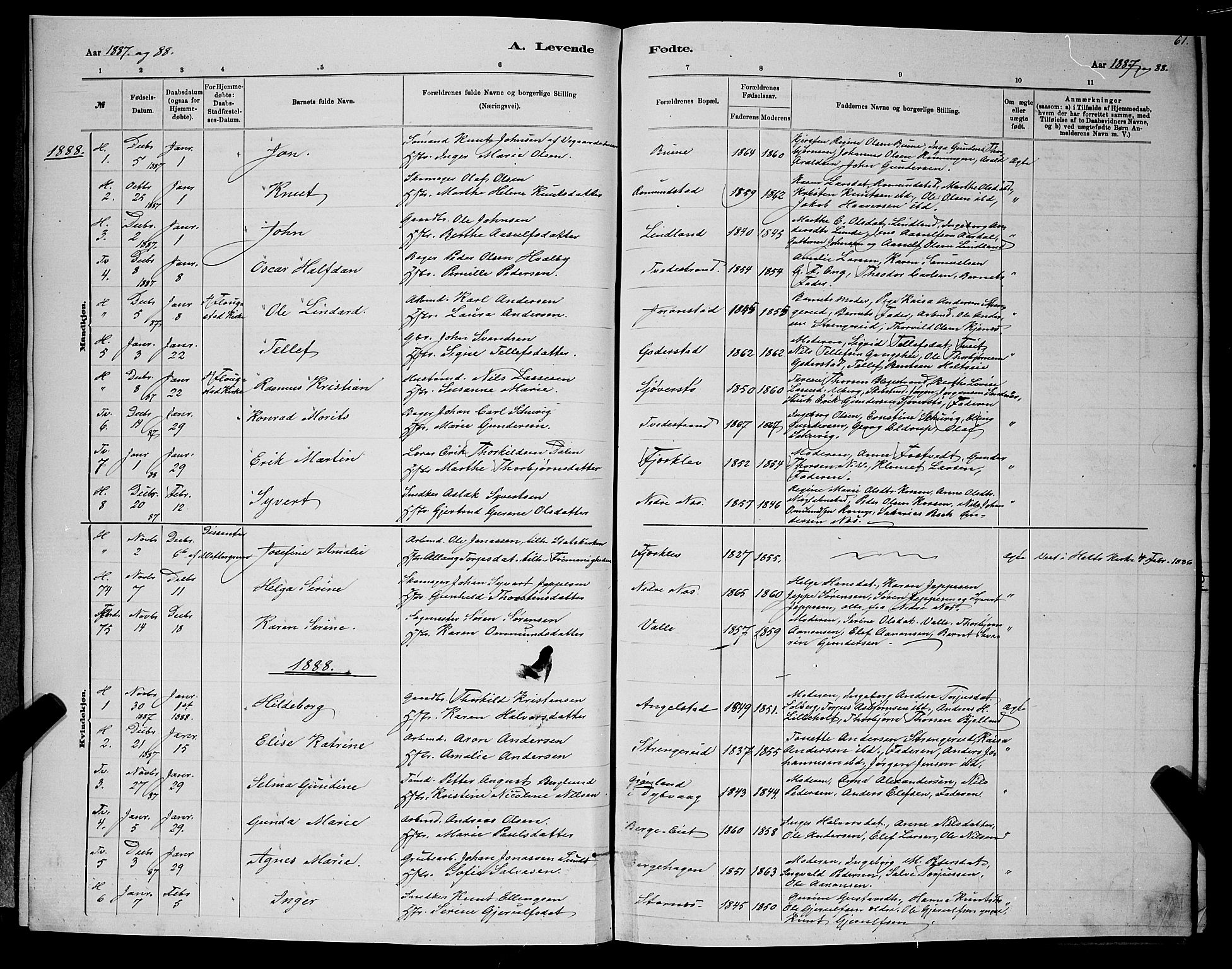 Holt sokneprestkontor, SAK/1111-0021/F/Fb/L0010: Parish register (copy) no. B 10, 1883-1896, p. 61