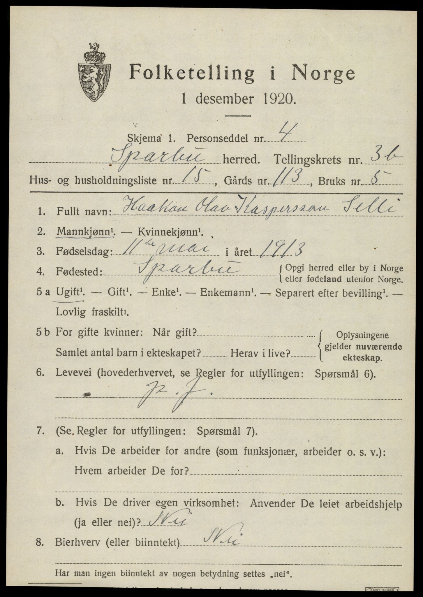 SAT, 1920 census for Sparbu, 1920, p. 4979