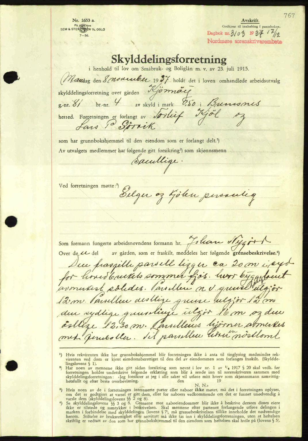 Nordmøre sorenskriveri, SAT/A-4132/1/2/2Ca: Mortgage book no. A82, 1937-1938, Diary no: : 3103/1937