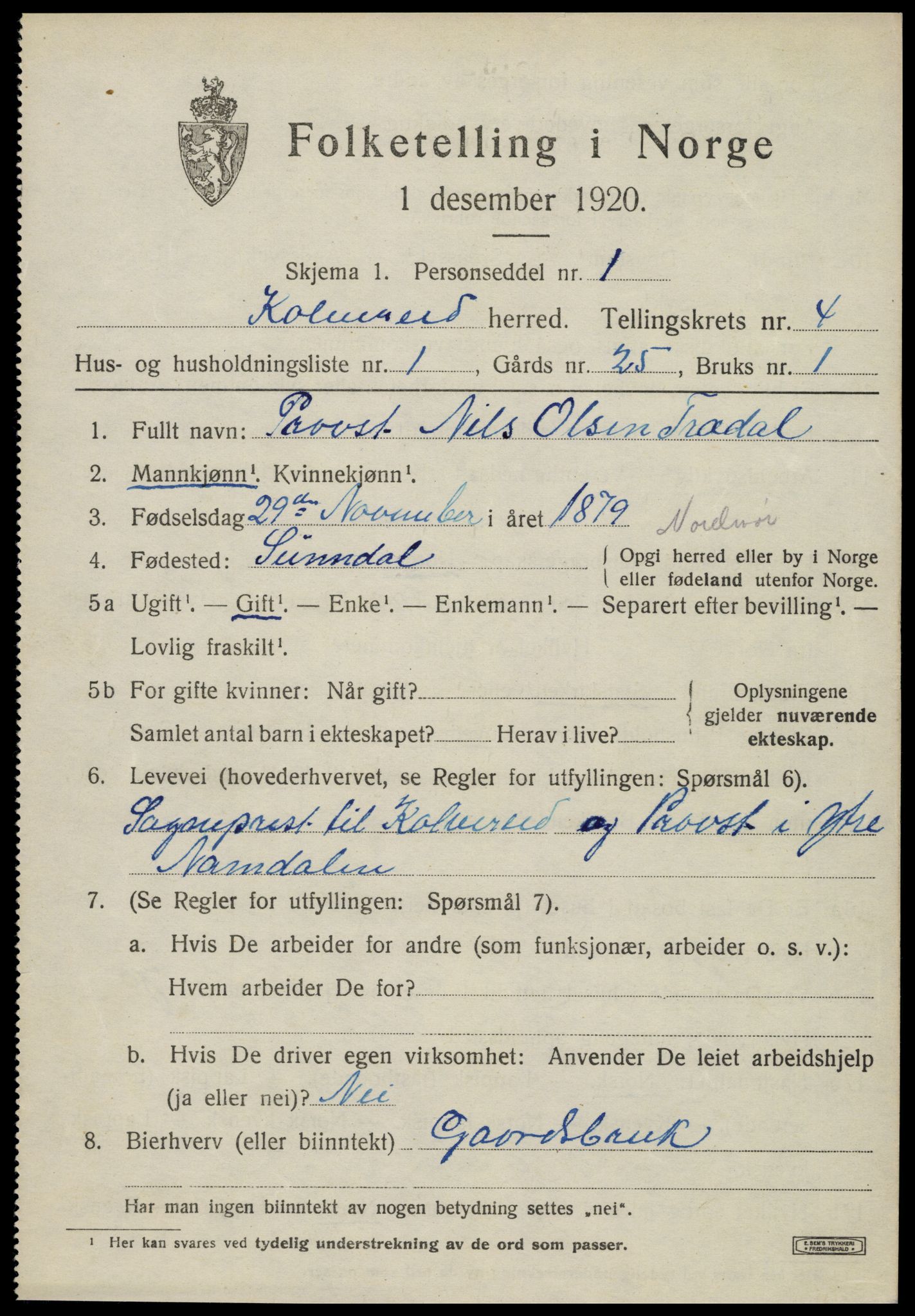 SAT, 1920 census for Kolvereid, 1920, p. 2453