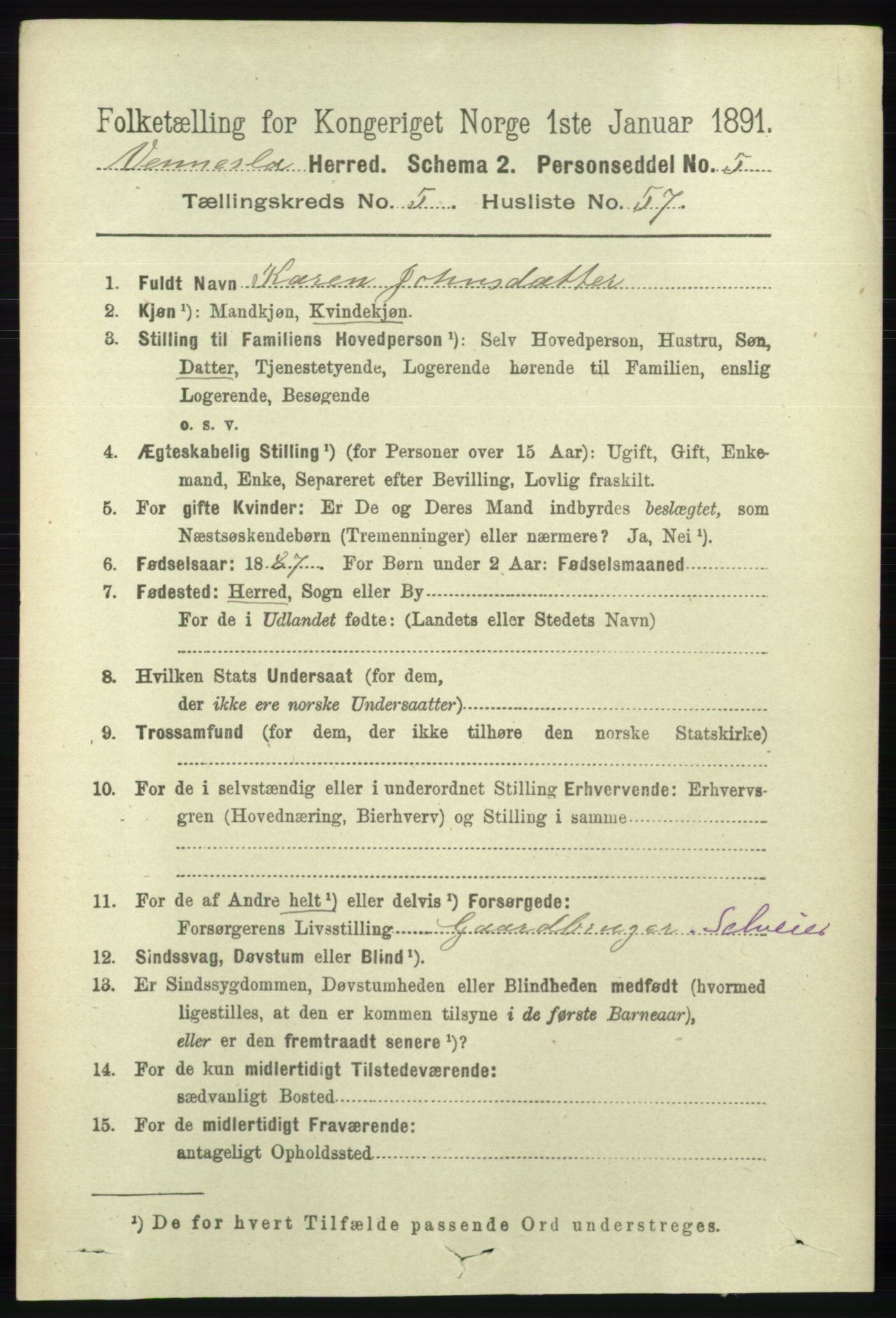 RA, 1891 census for 1014 Vennesla, 1891, p. 1550