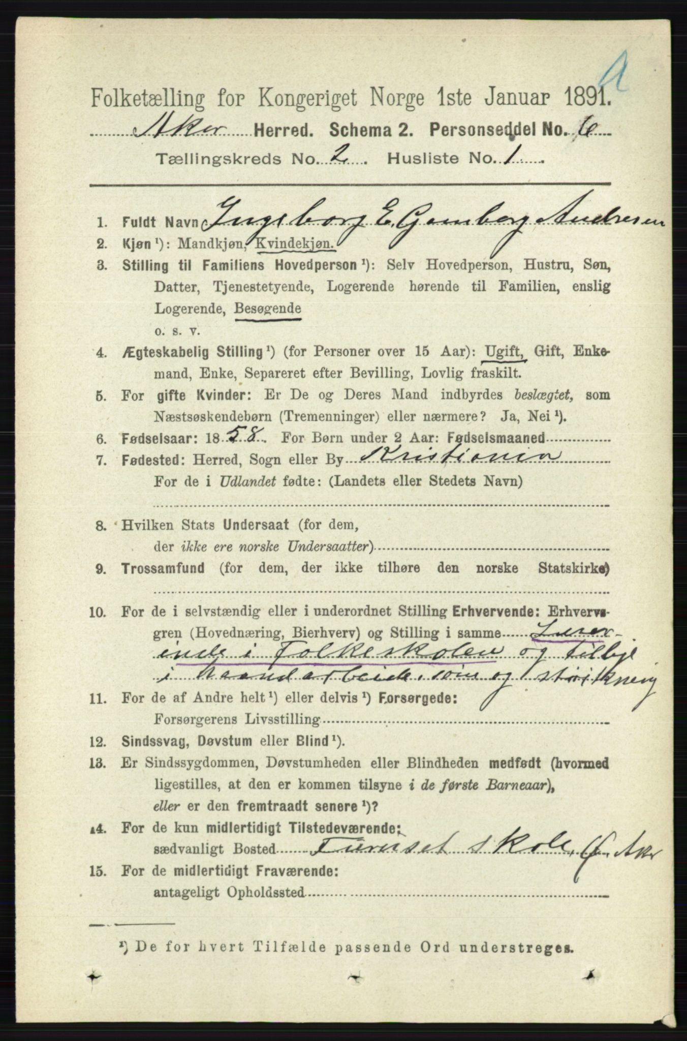 RA, 1891 census for 0218 Aker, 1891, p. 1364