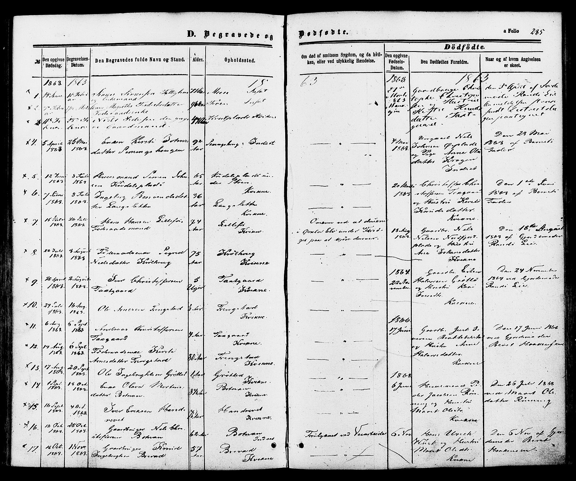 Kvikne prestekontor, SAH/PREST-064/H/Ha/Haa/L0006: Parish register (official) no. 6, 1863-1886, p. 285