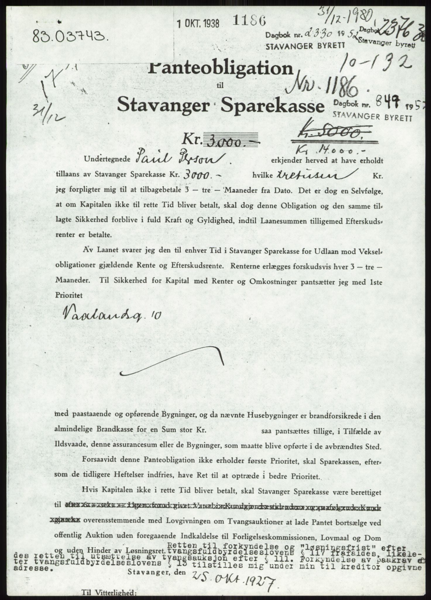 Stavanger byrett, SAST/A-100455/002/G/Gb/L0033: Mortgage book, 1936-1950, Diary no: : 2376/1938