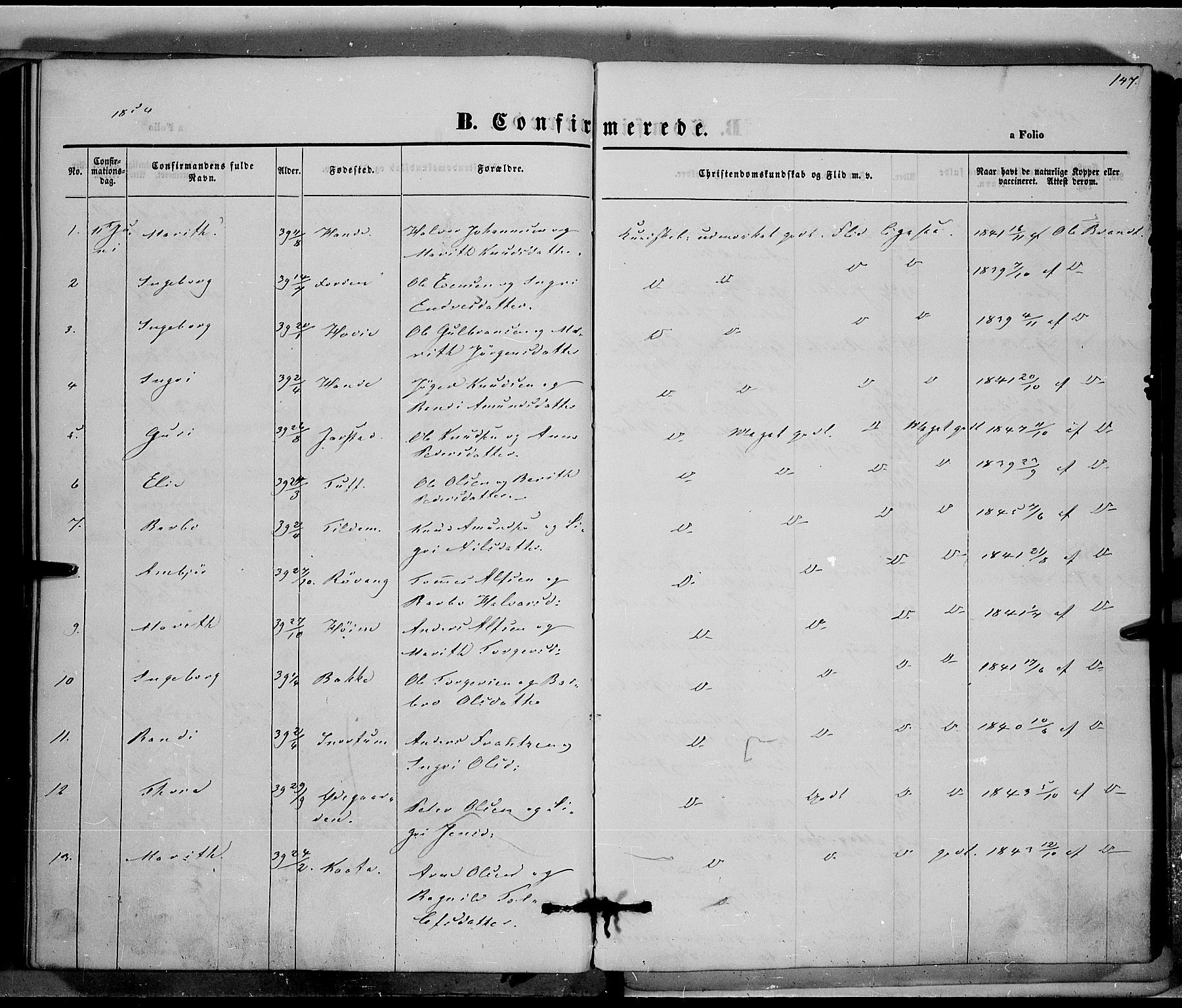 Vestre Slidre prestekontor, AV/SAH-PREST-136/H/Ha/Haa/L0001: Parish register (official) no. 1, 1844-1855, p. 147