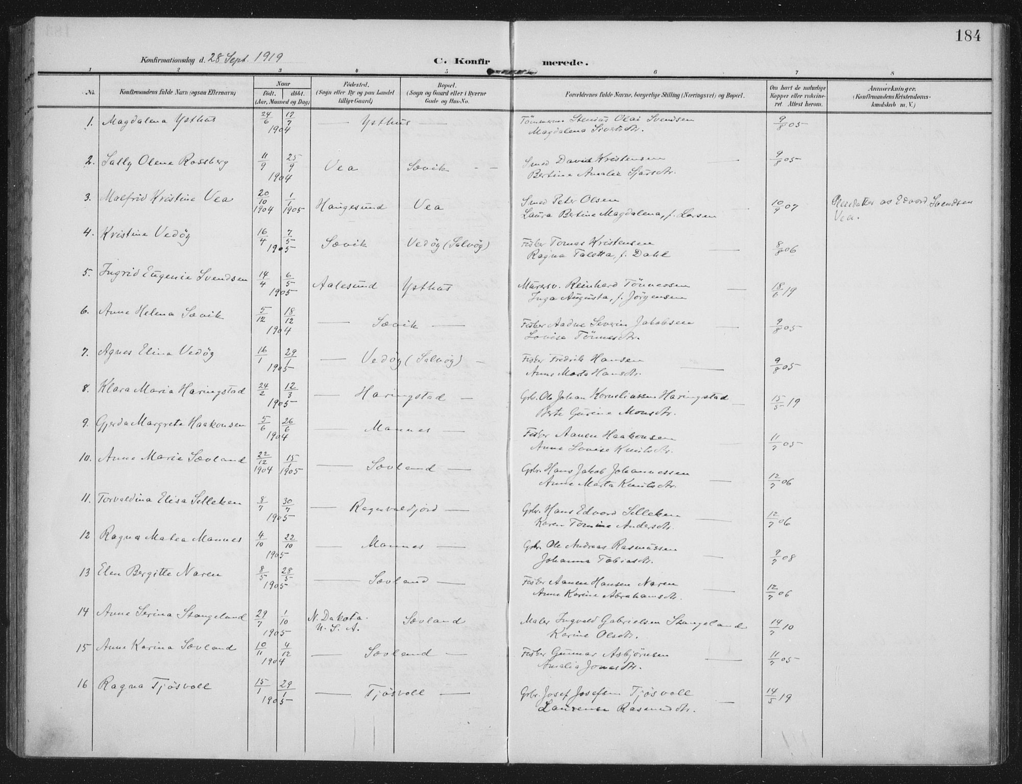 Kopervik sokneprestkontor, SAST/A-101850/H/Ha/Haa/L0005: Parish register (official) no. A 5, 1906-1924, p. 184