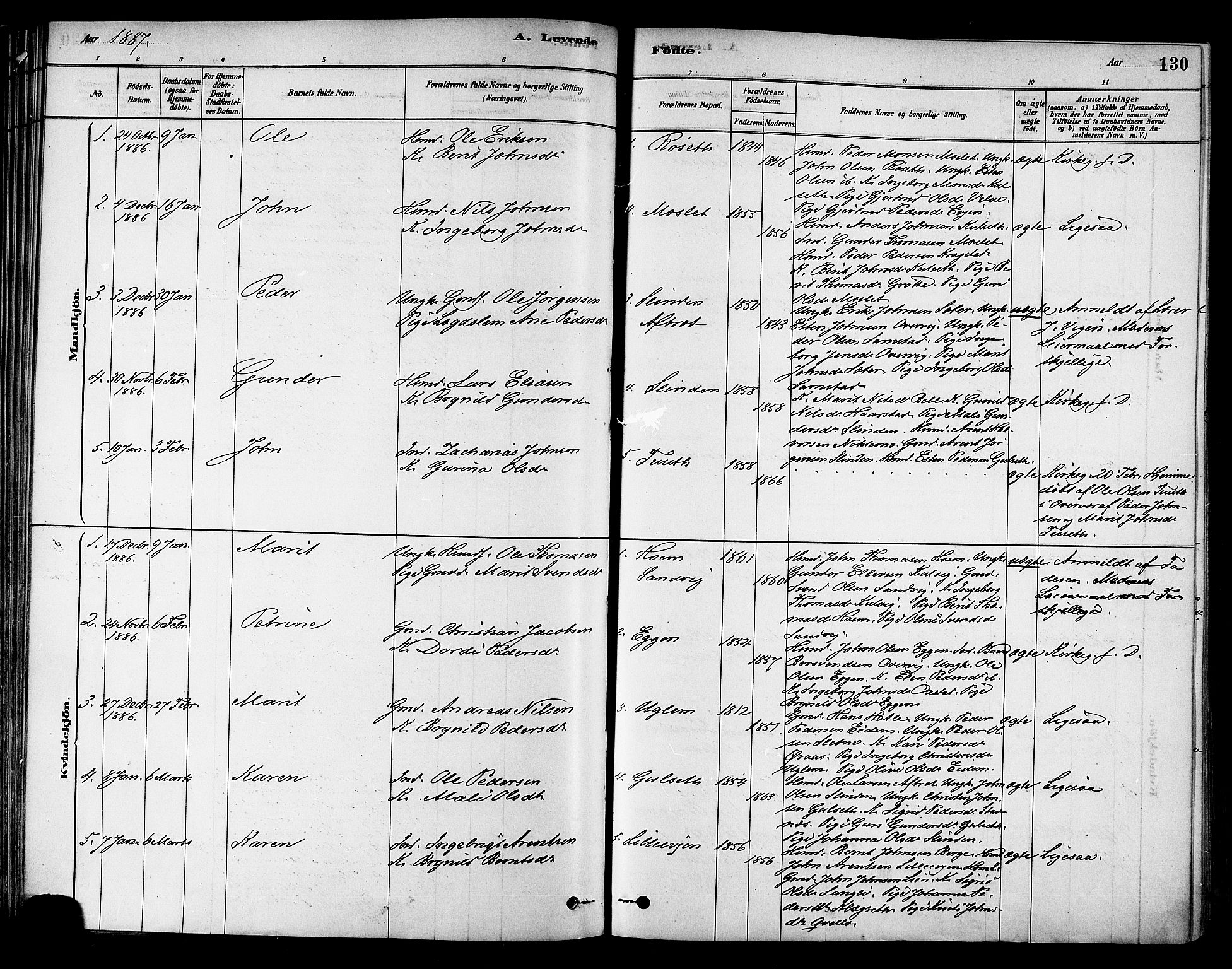 Ministerialprotokoller, klokkerbøker og fødselsregistre - Sør-Trøndelag, AV/SAT-A-1456/695/L1148: Parish register (official) no. 695A08, 1878-1891, p. 130