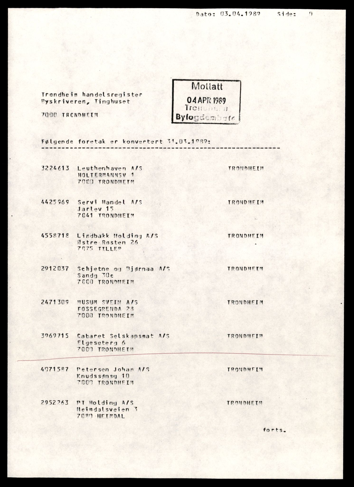 Trondheim byfogd, AV/SAT-A-0003/2/J/Jd/Jdd/L0010: Aksjeselskap, C-Com, 1944-1990, p. 1