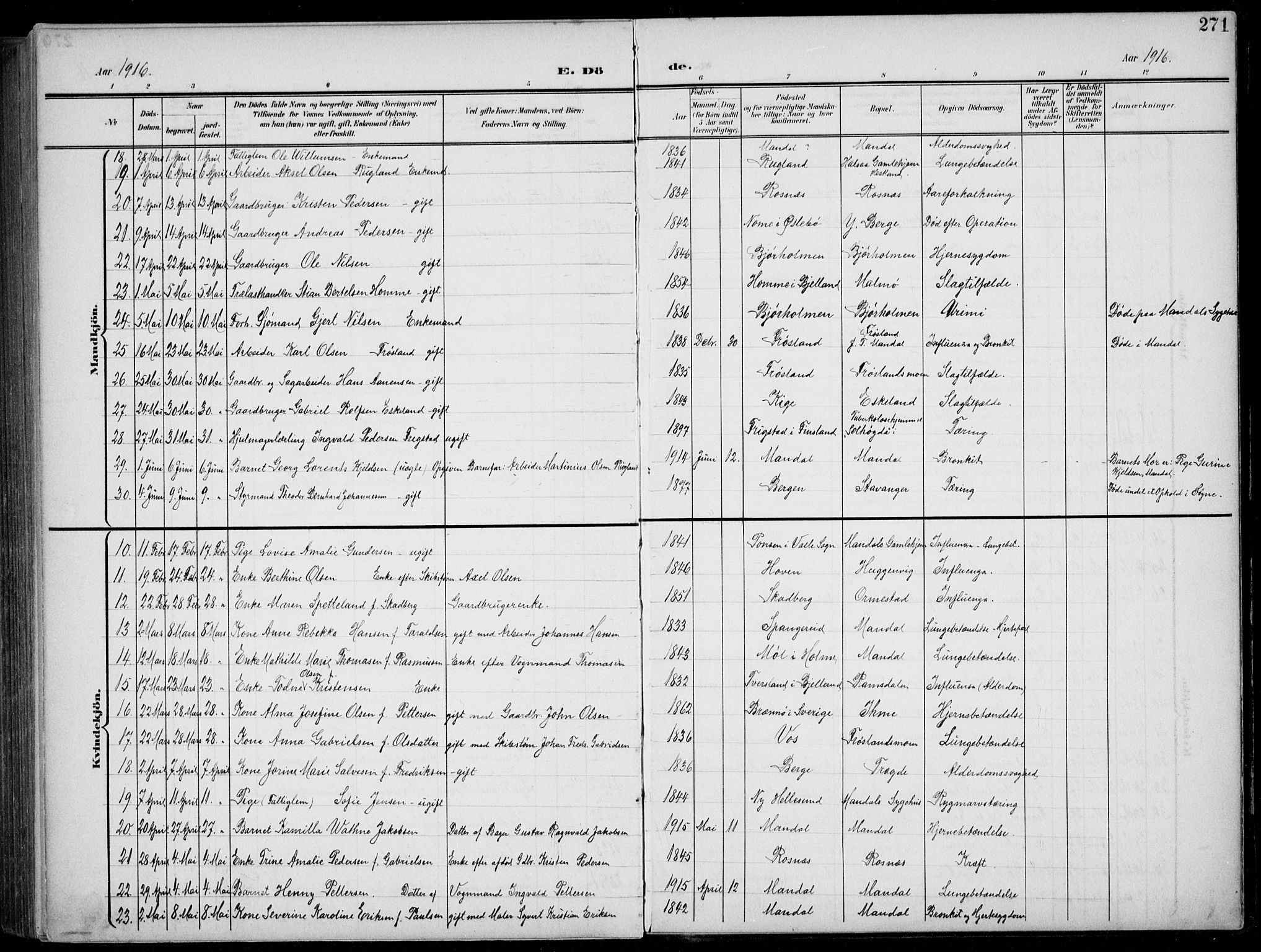 Mandal sokneprestkontor, AV/SAK-1111-0030/F/Fb/Fba/L0012: Parish register (copy) no. B 6, 1899-1918, p. 271