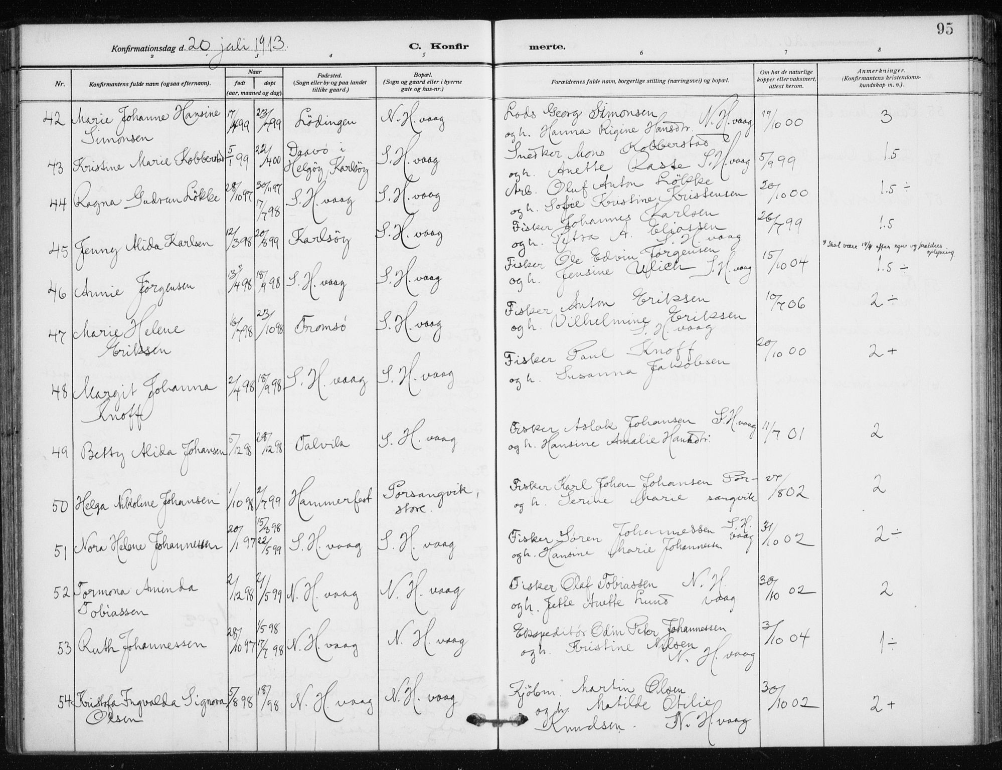 Kjelvik/Nordkapp sokneprestkontor, SATØ/S-1350/H/Ha/L0001kirke: Parish register (official) no. 1, 1911-1919, p. 95