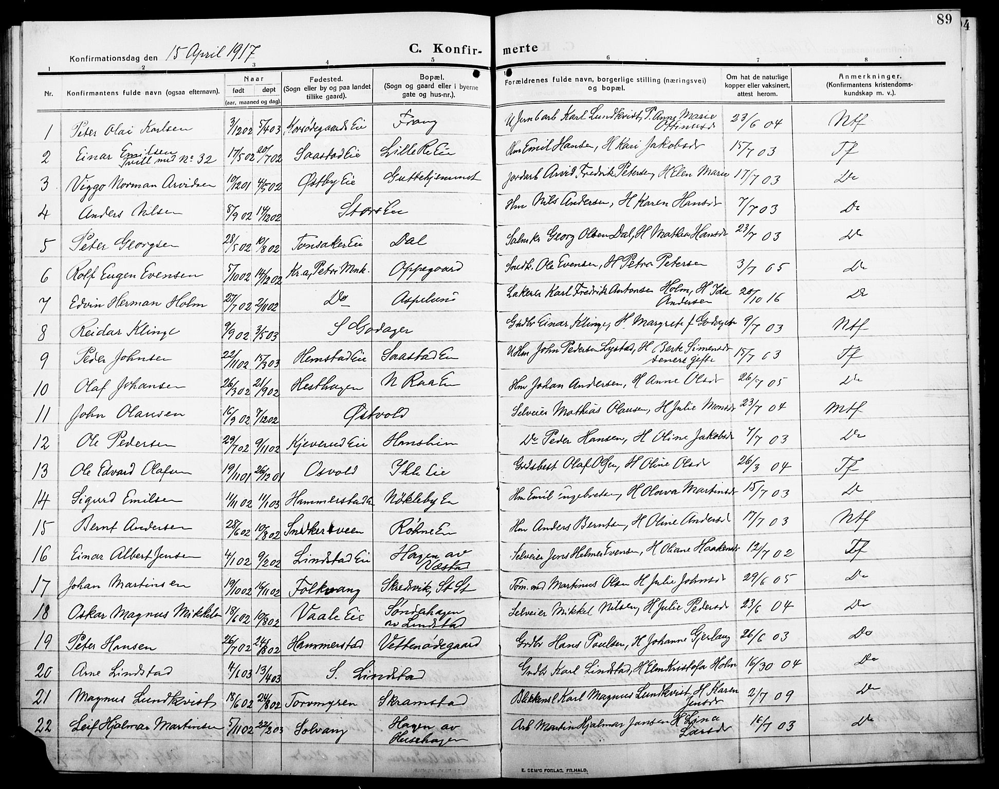 Stange prestekontor, AV/SAH-PREST-002/L/L0014: Parish register (copy) no. 14, 1909-1917, p. 89