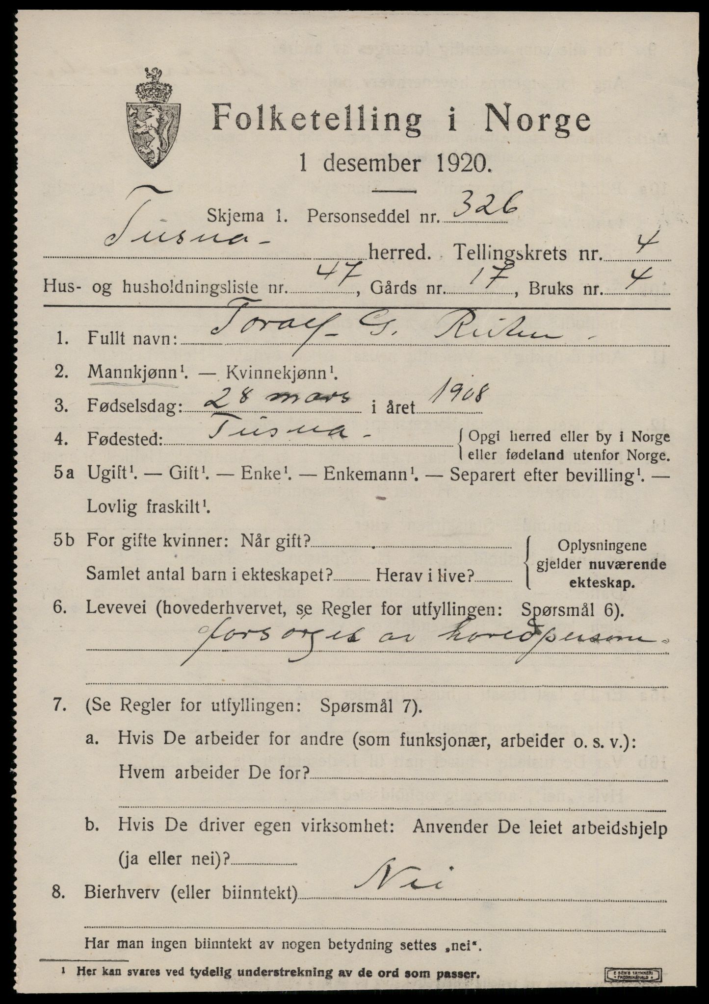 SAT, 1920 census for Tustna, 1920, p. 2373