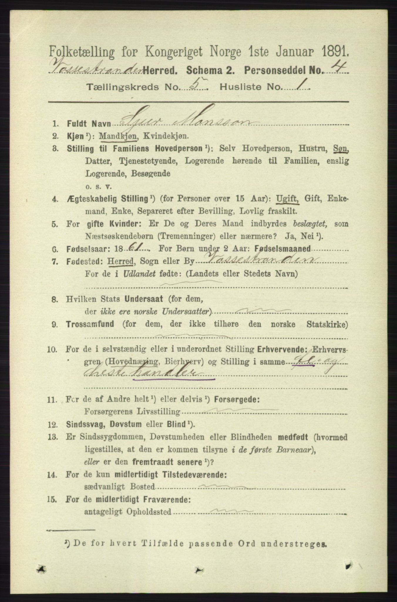 RA, 1891 census for 1236 Vossestrand, 1891, p. 1899