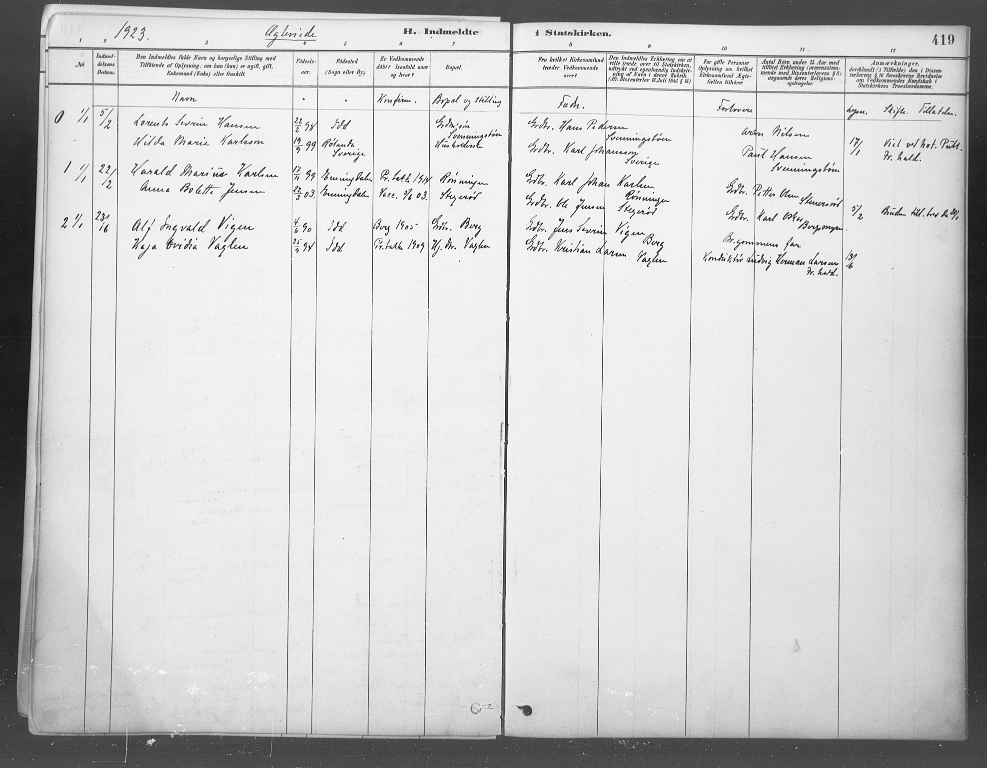 Idd prestekontor Kirkebøker, SAO/A-10911/F/Fb/L0002: Parish register (official) no. II 2, 1882-1923, p. 419