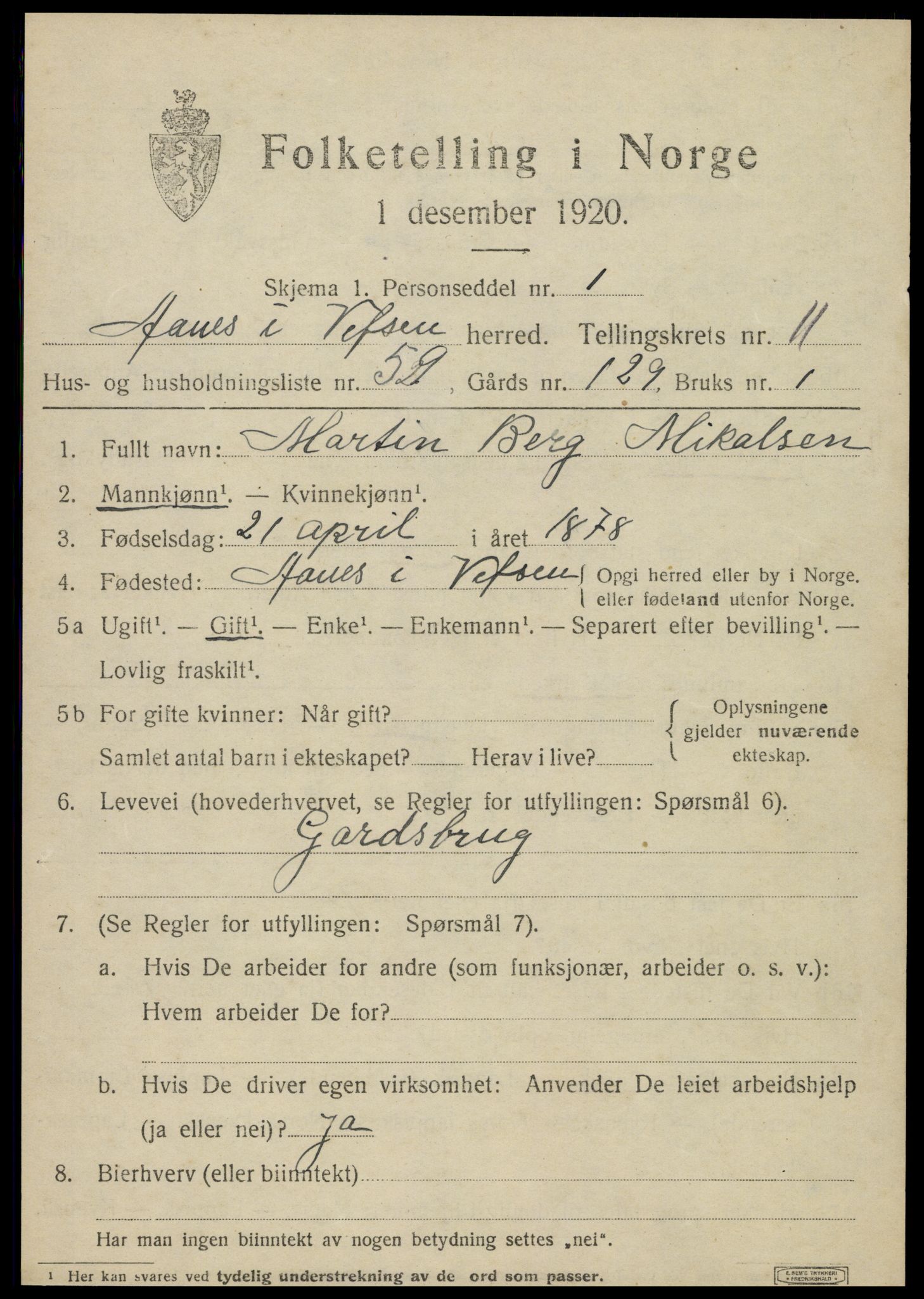 SAT, 1920 census for Vefsn, 1920, p. 9155