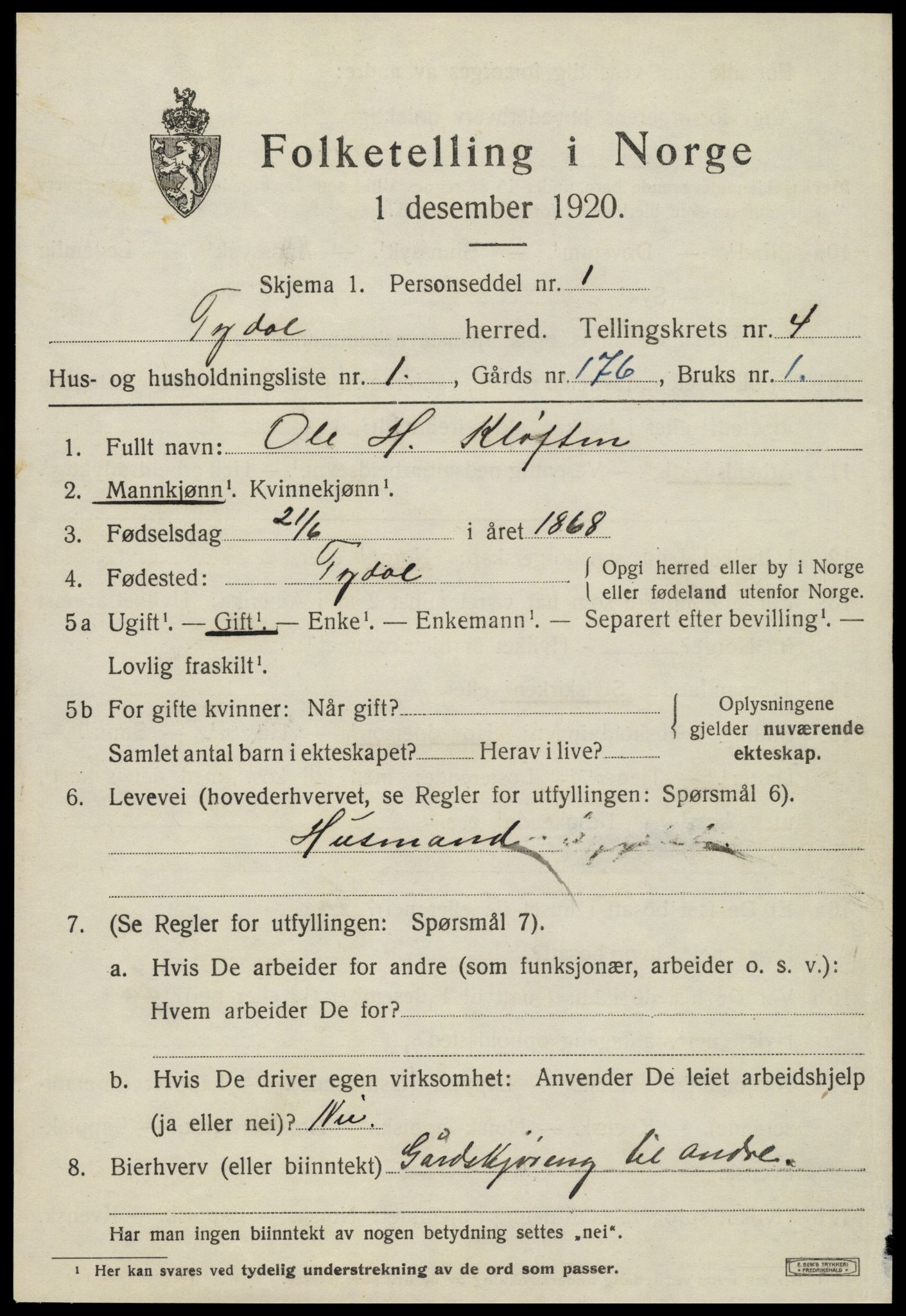 SAT, 1920 census for Tydal, 1920, p. 1505